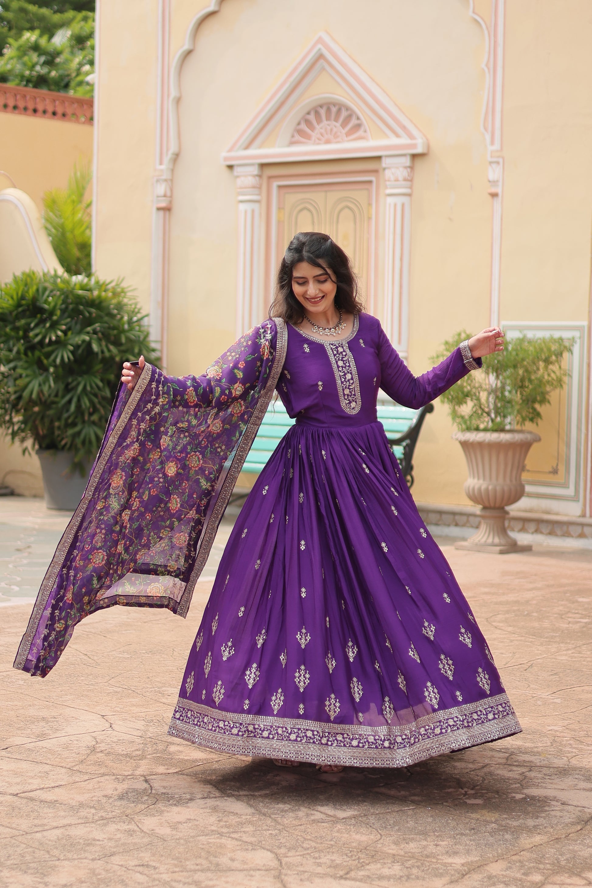 Purple chinon embroidered Gaurangi designer Anarkali gown