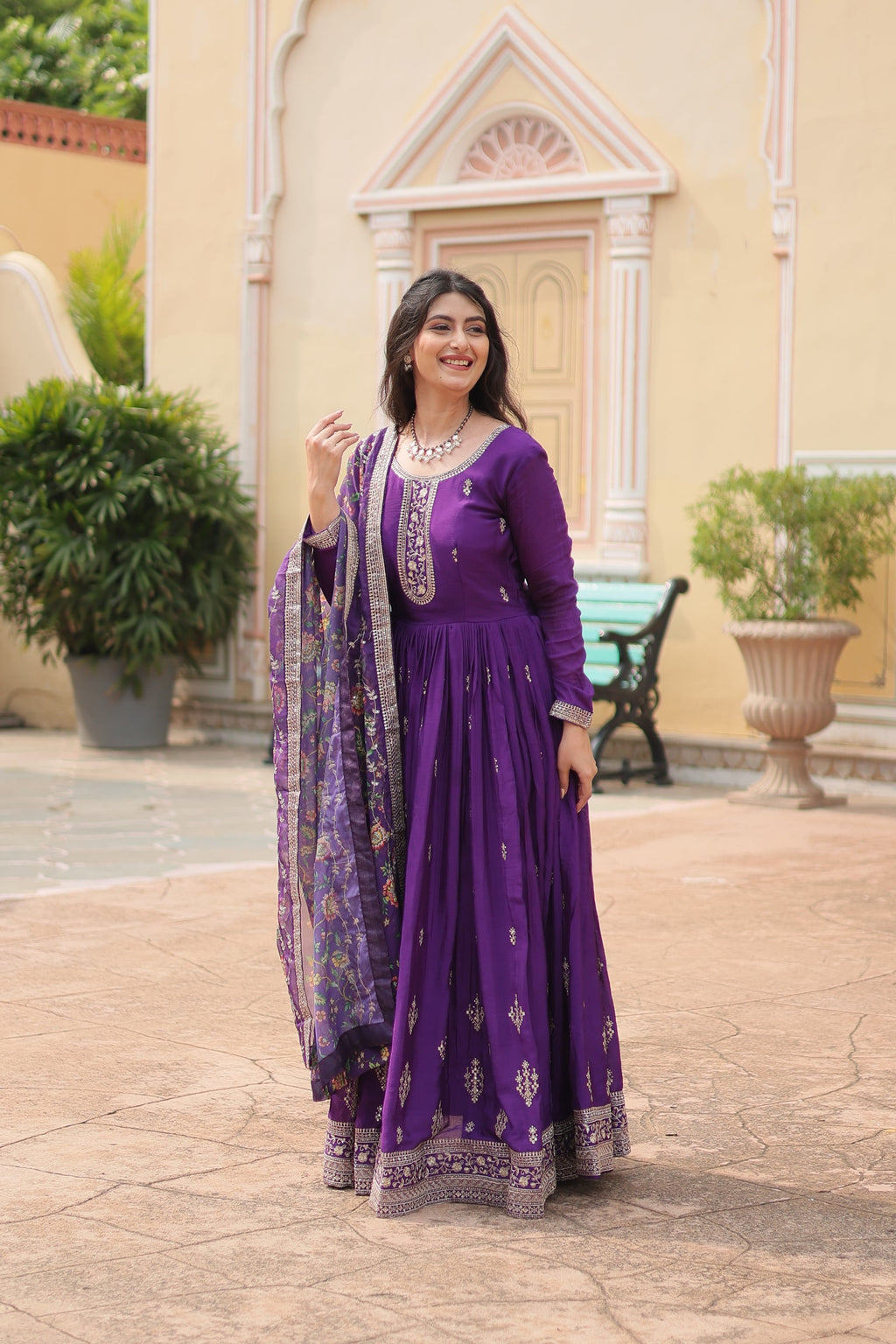Purple chinon embroidered Gaurangi designer Anarkali gown