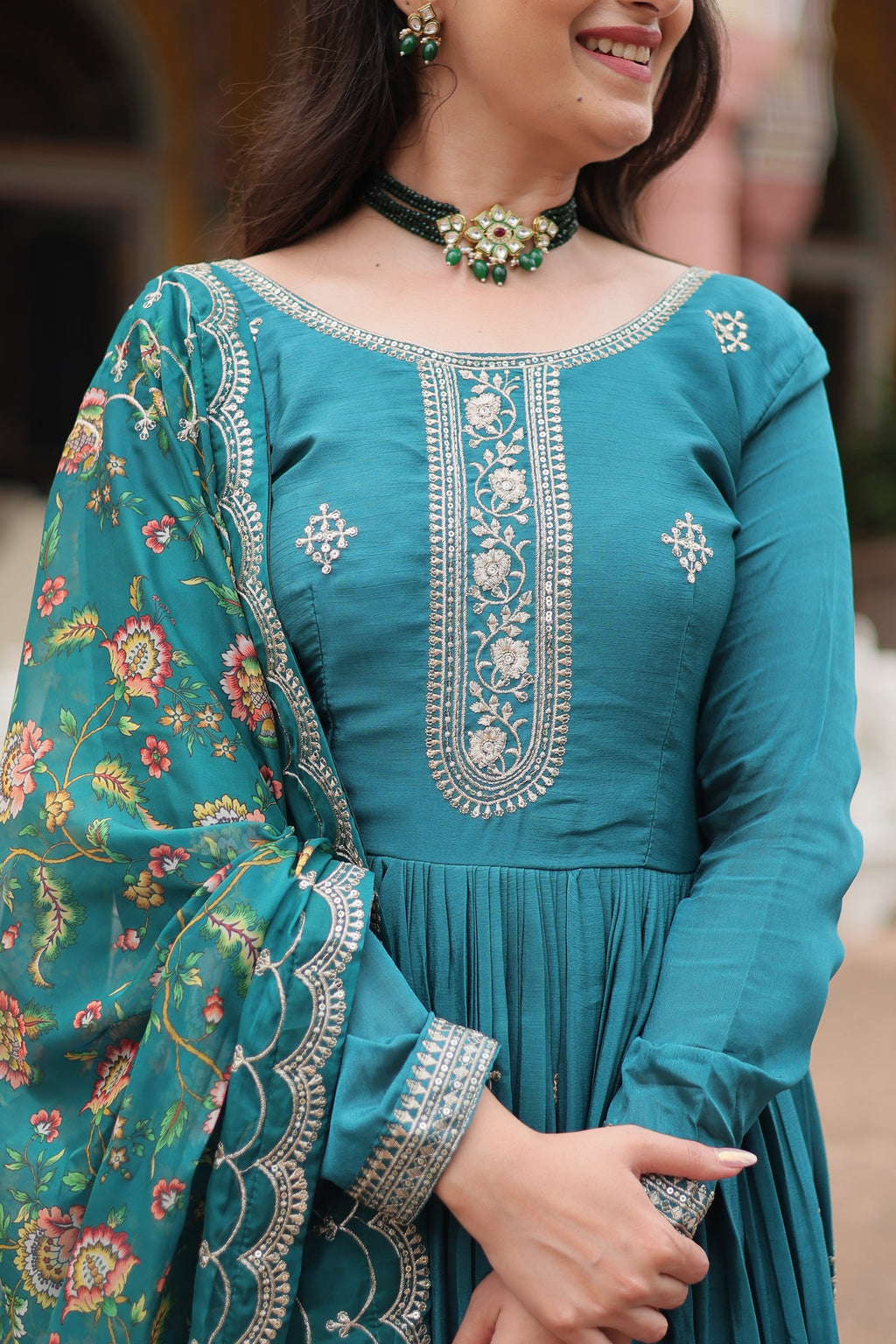 Gaurangi Rama chinon embroidered Anarkali gown set