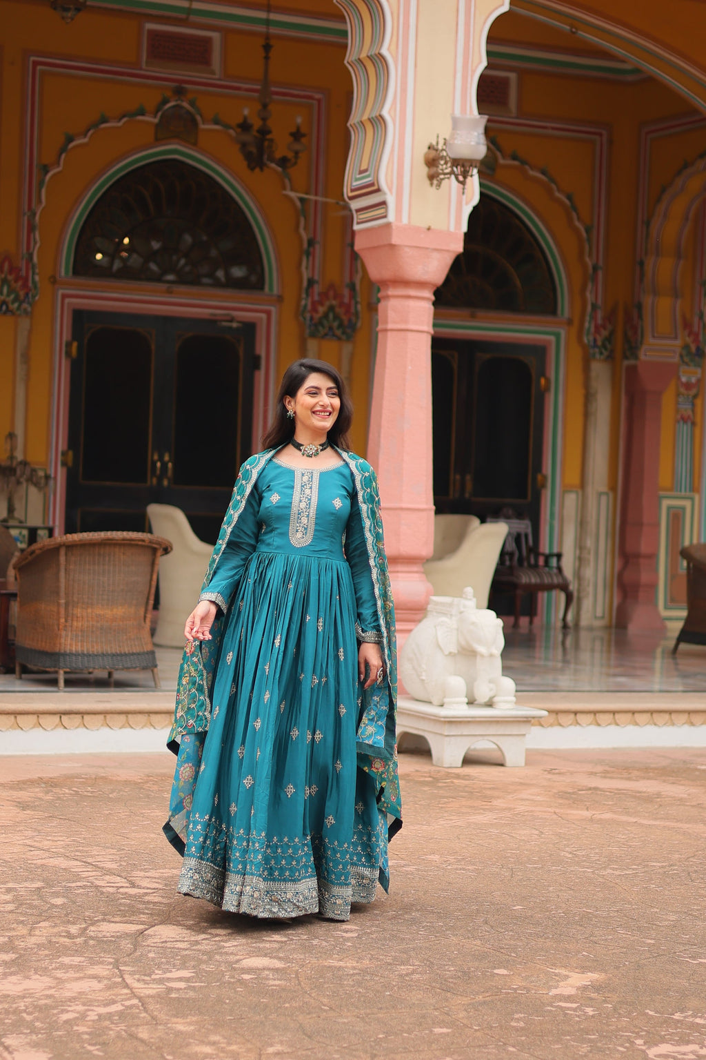 Gaurangi Rama chinon embroidered Anarkali gown set