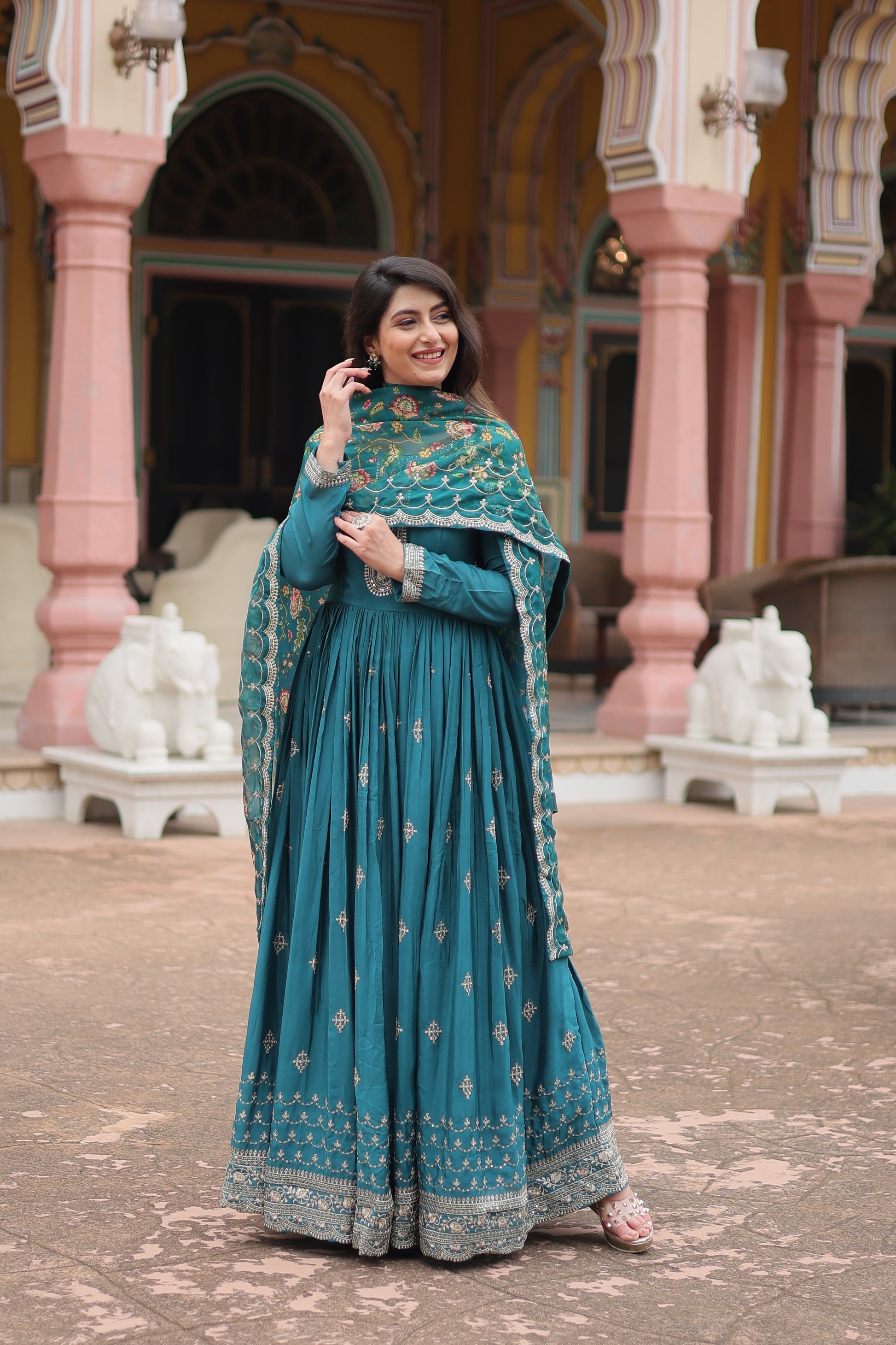 Gaurangi Rama chinon embroidered Anarkali gown set