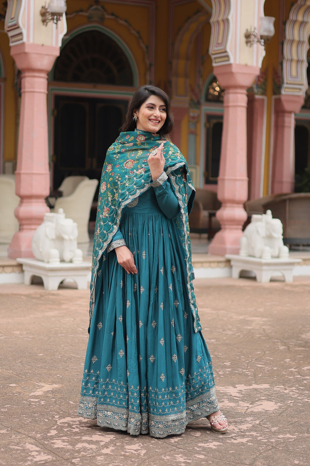 Gaurangi Rama chinon embroidered Anarkali gown set