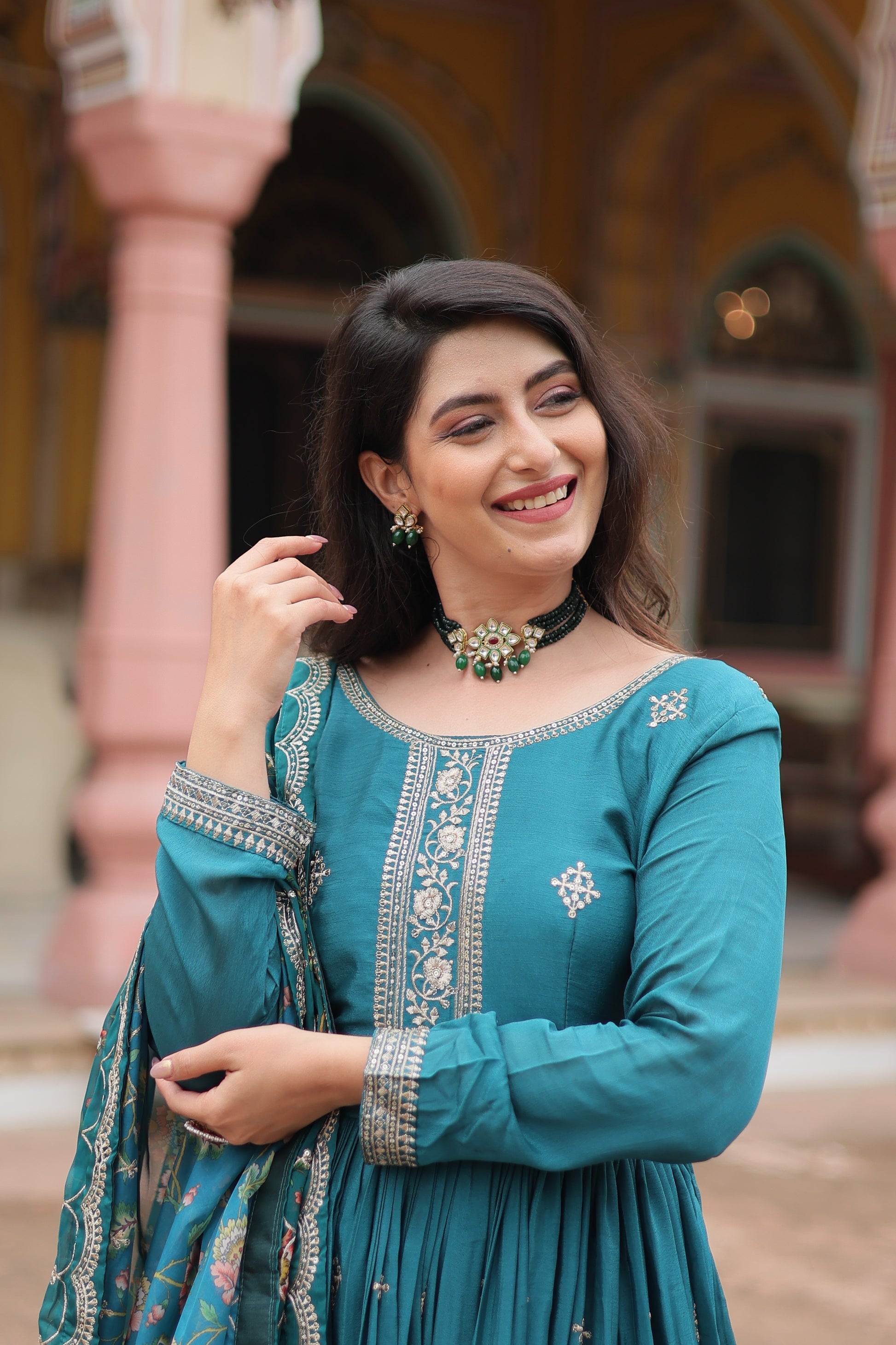 Gaurangi Rama chinon embroidered Anarkali gown set