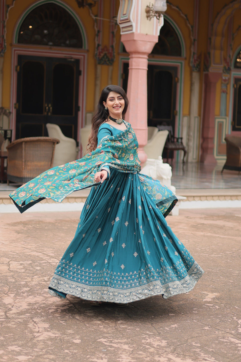 Gaurangi Rama chinon embroidered Anarkali gown set