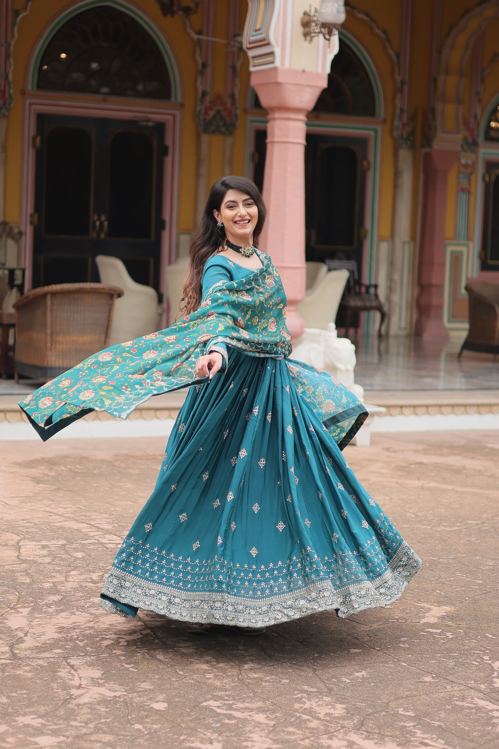 Gaurangi Rama chinon embroidered Anarkali gown set