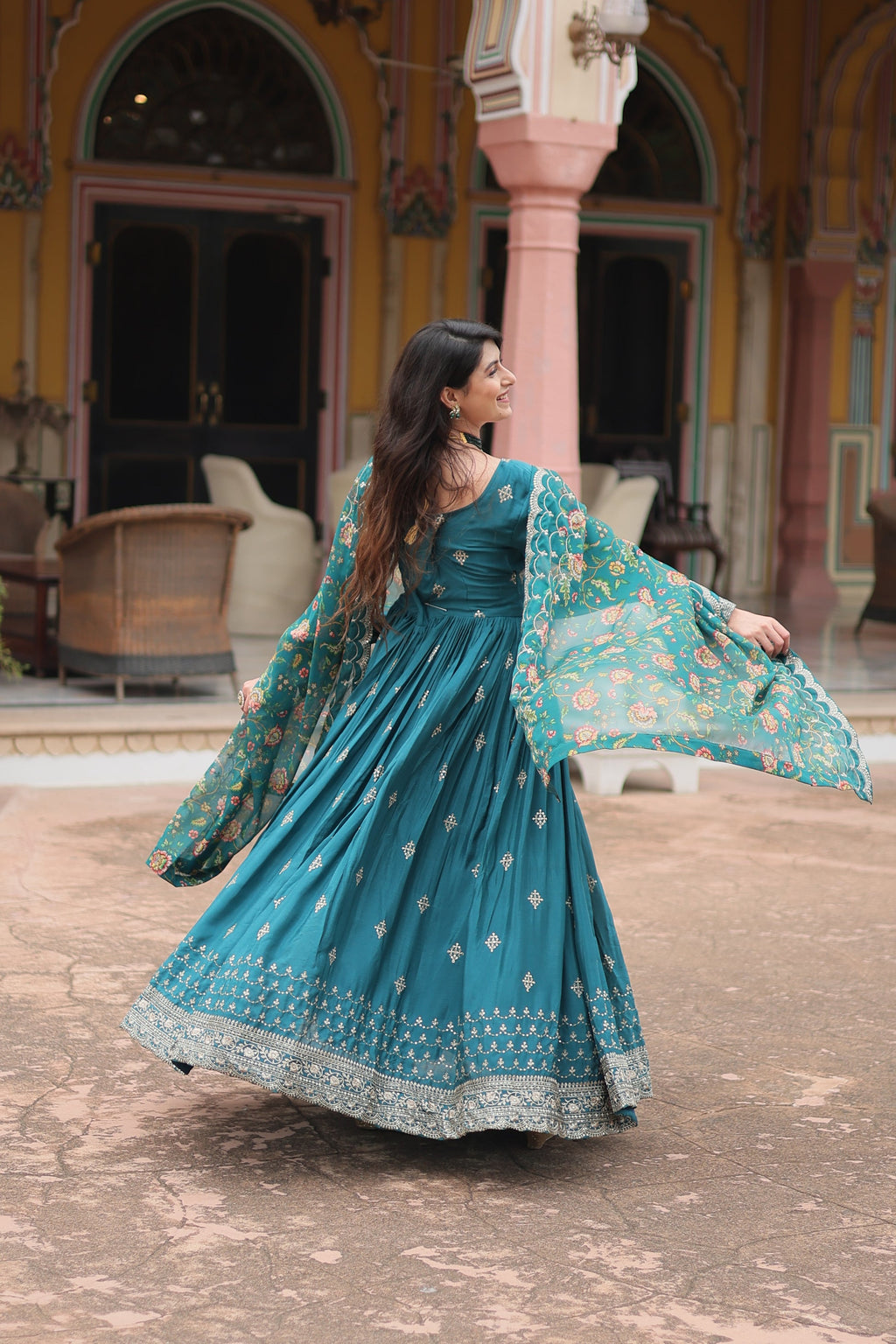 Gaurangi Rama chinon embroidered Anarkali gown set