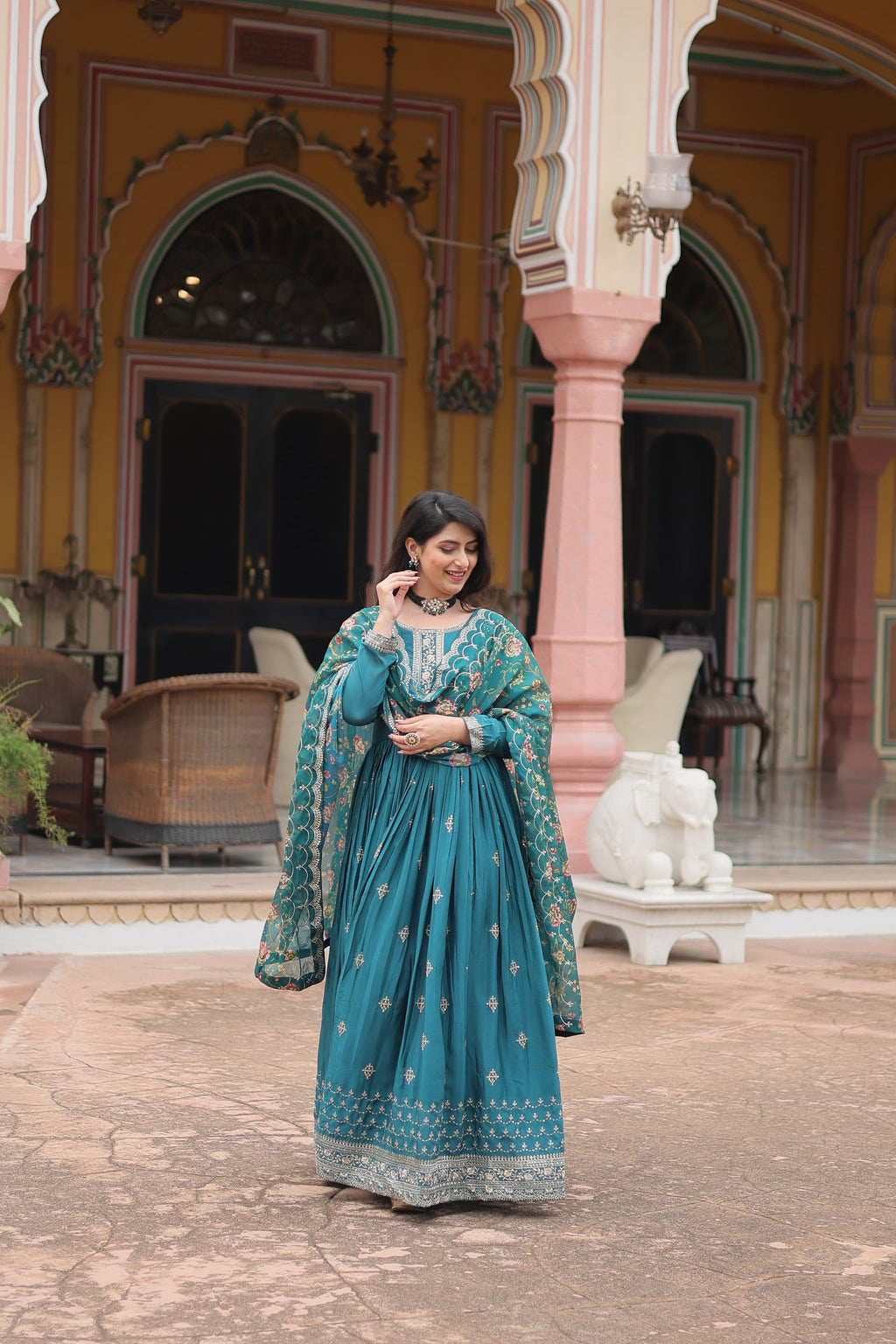 Gaurangi Rama chinon embroidered Anarkali gown set