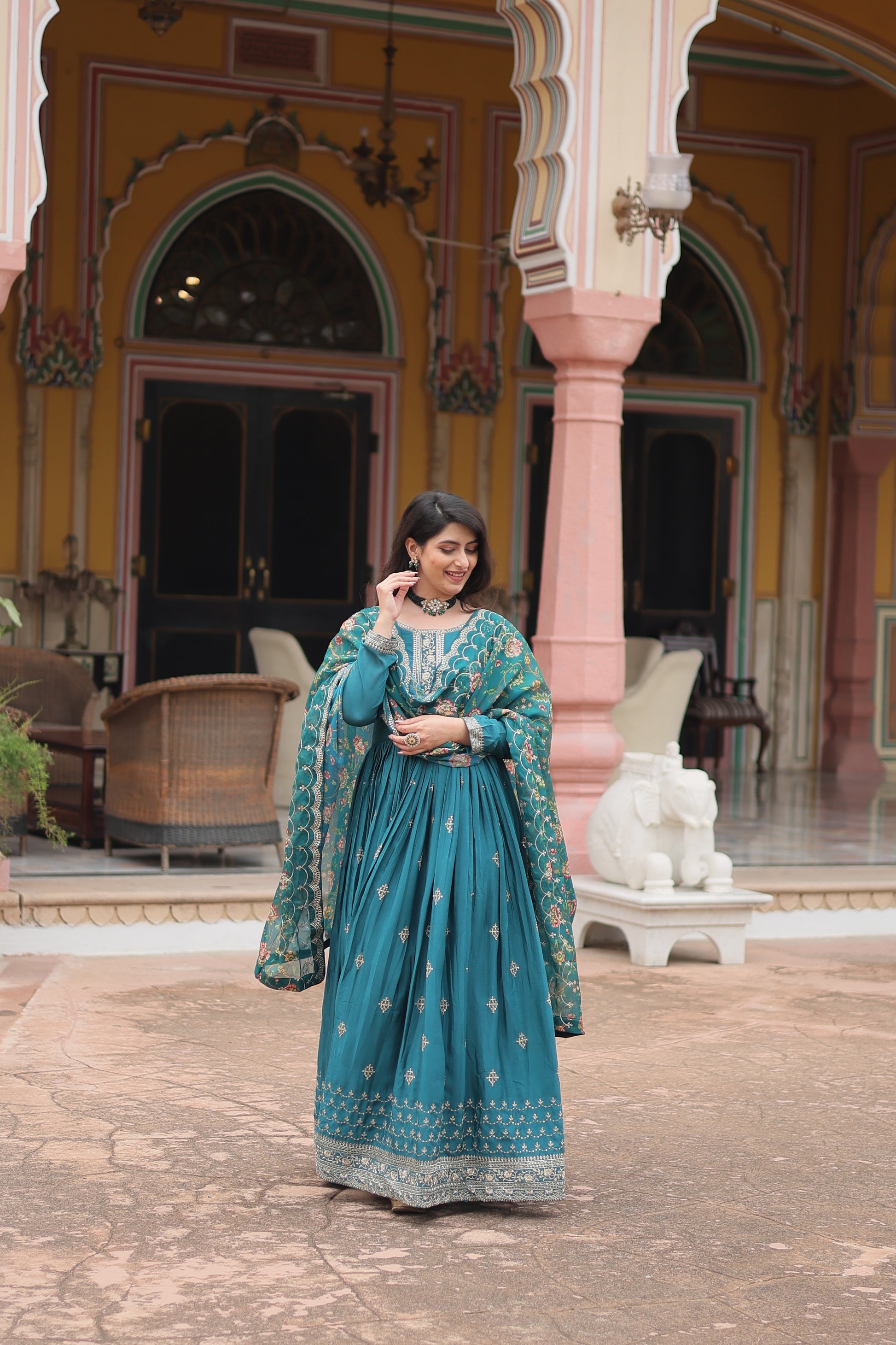 Gaurangi Rama chinon embroidered Anarkali gown set