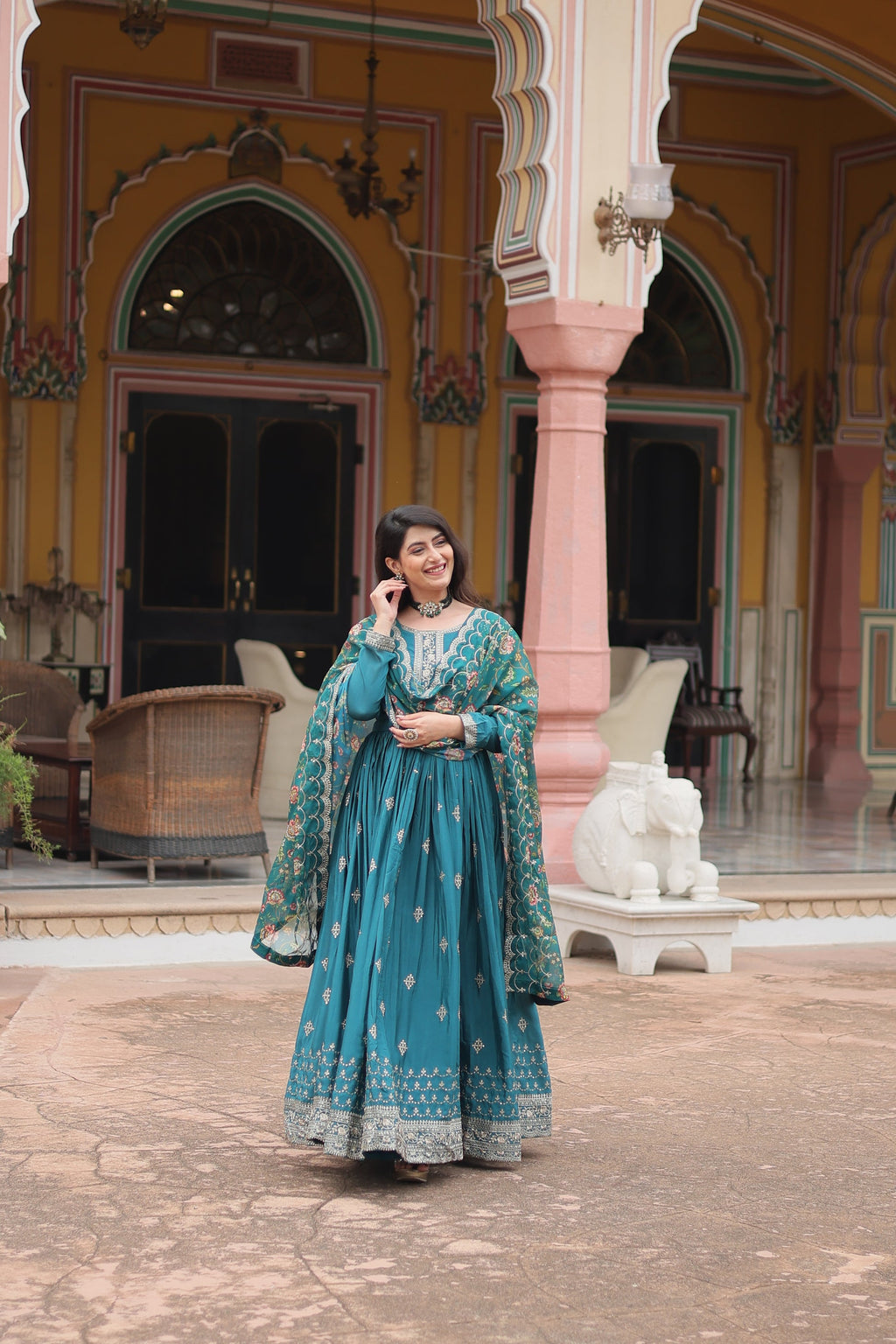 Gaurangi Rama chinon embroidered Anarkali gown set