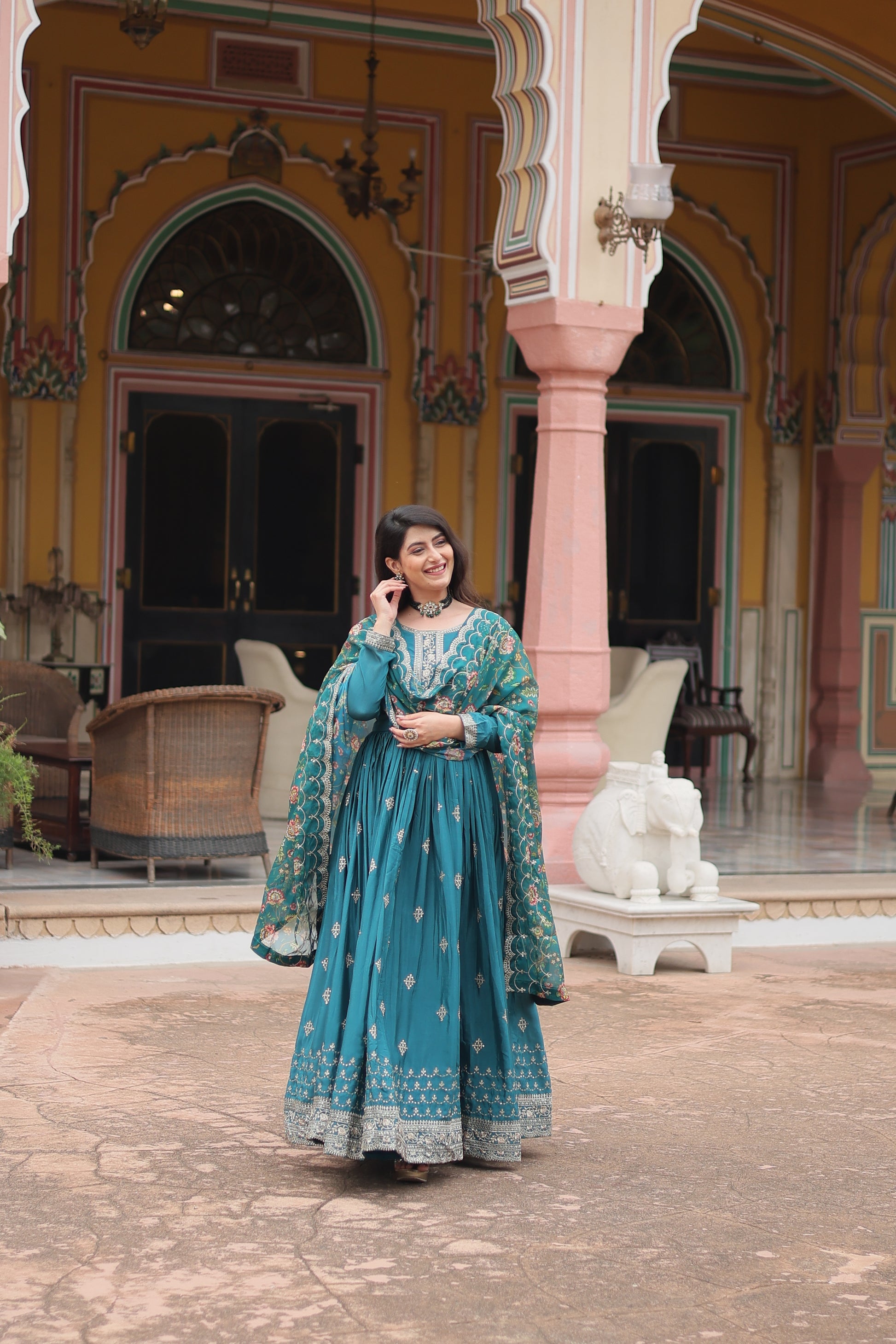 Gaurangi Rama chinon embroidered Anarkali gown set