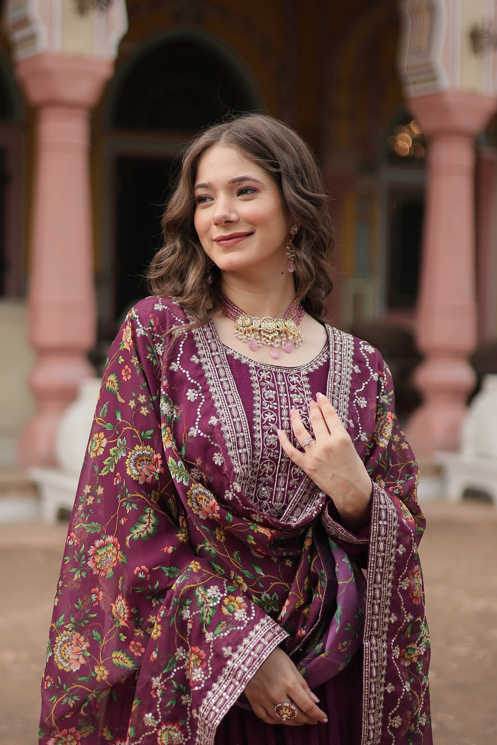 Gaurangi wine chinon embroidered Anarkali gown set