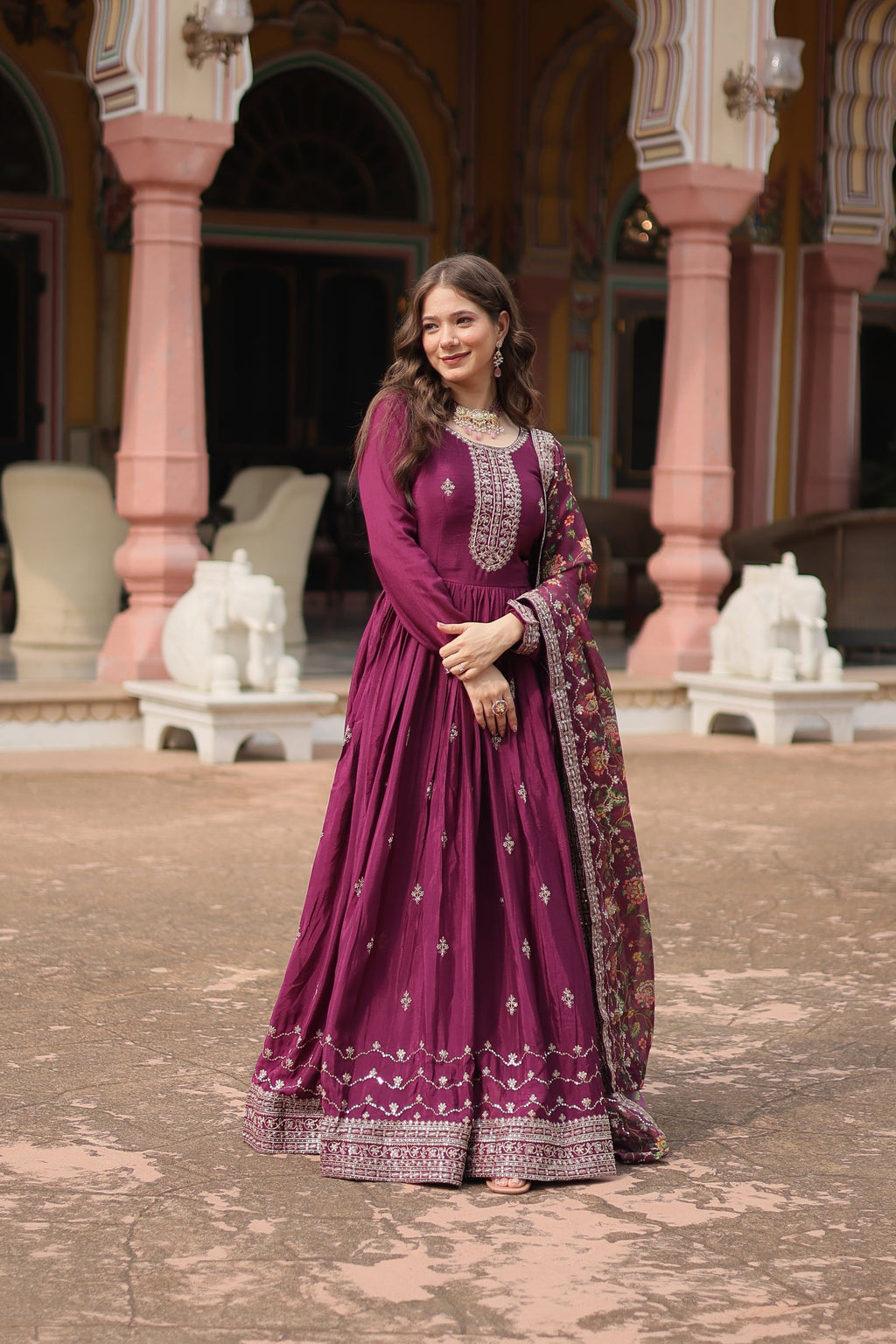 Gaurangi wine chinon embroidered Anarkali gown set