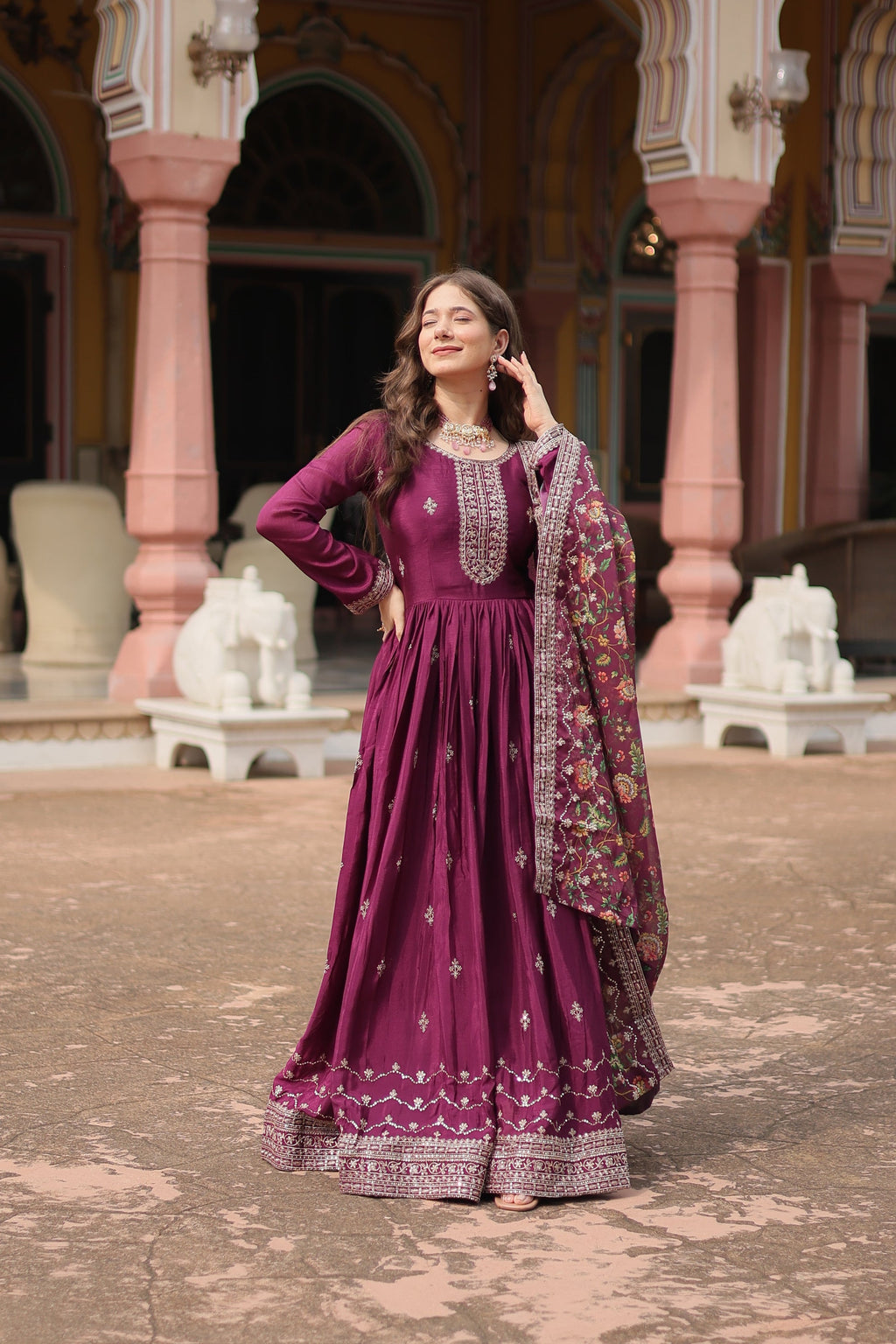 Gaurangi wine chinon embroidered Anarkali gown set