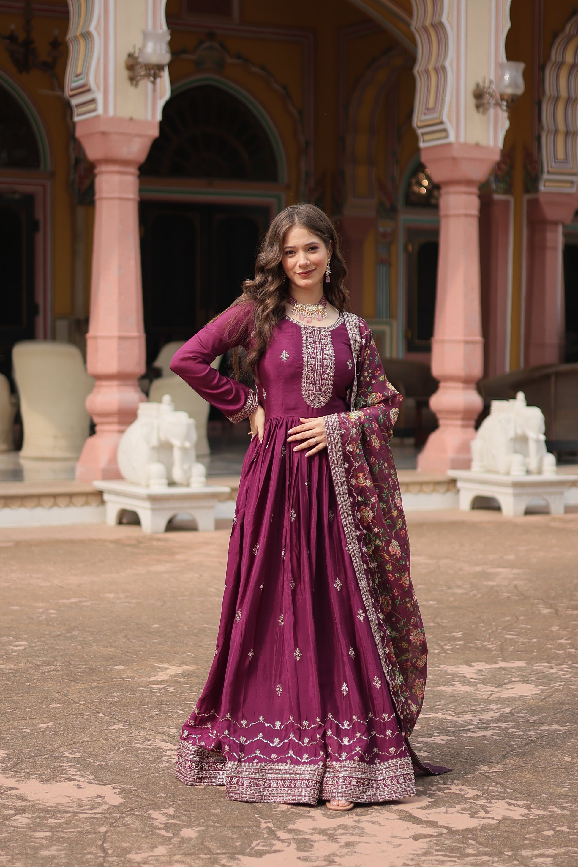 Gaurangi wine chinon embroidered Anarkali gown set