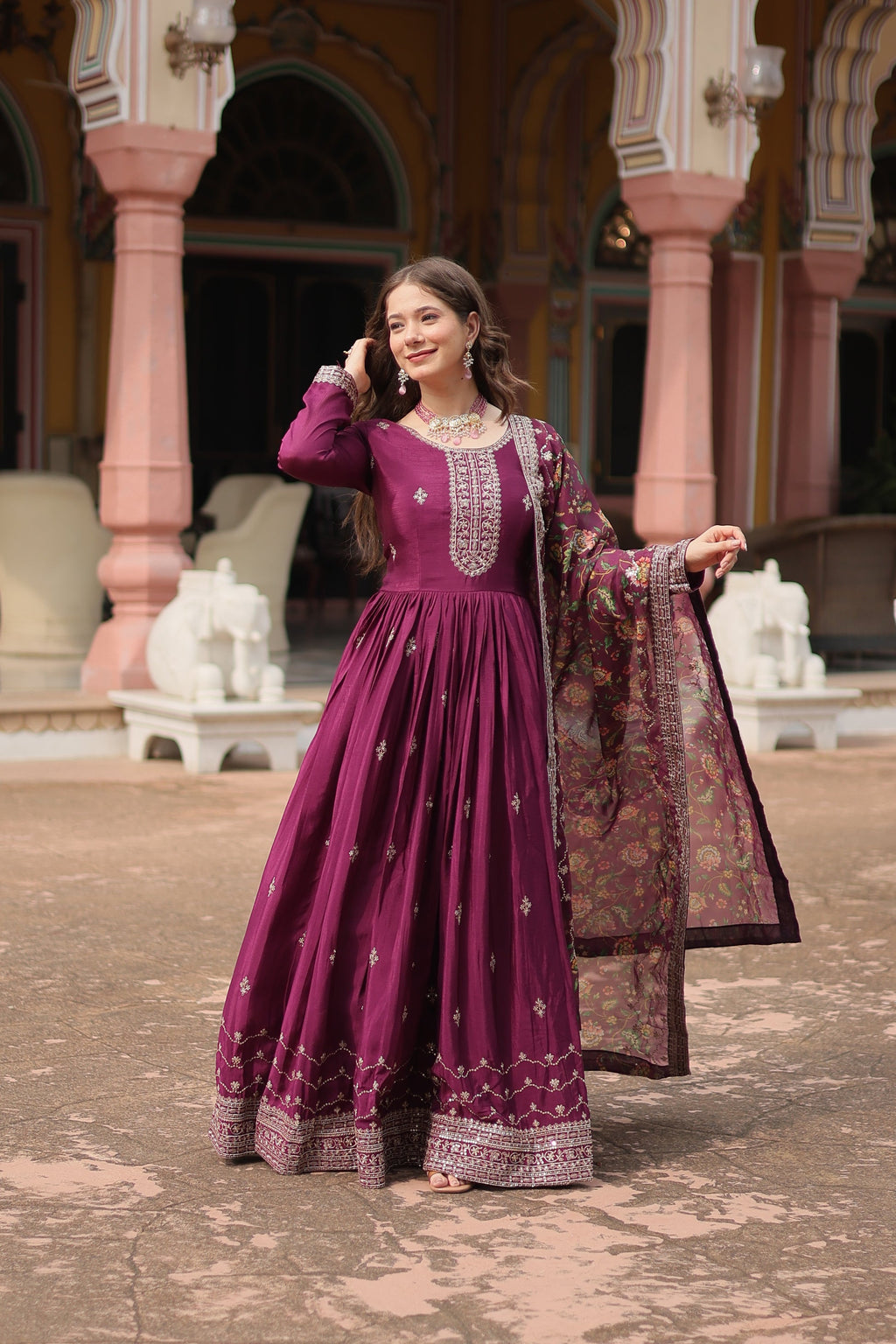 Gaurangi wine chinon embroidered Anarkali gown set