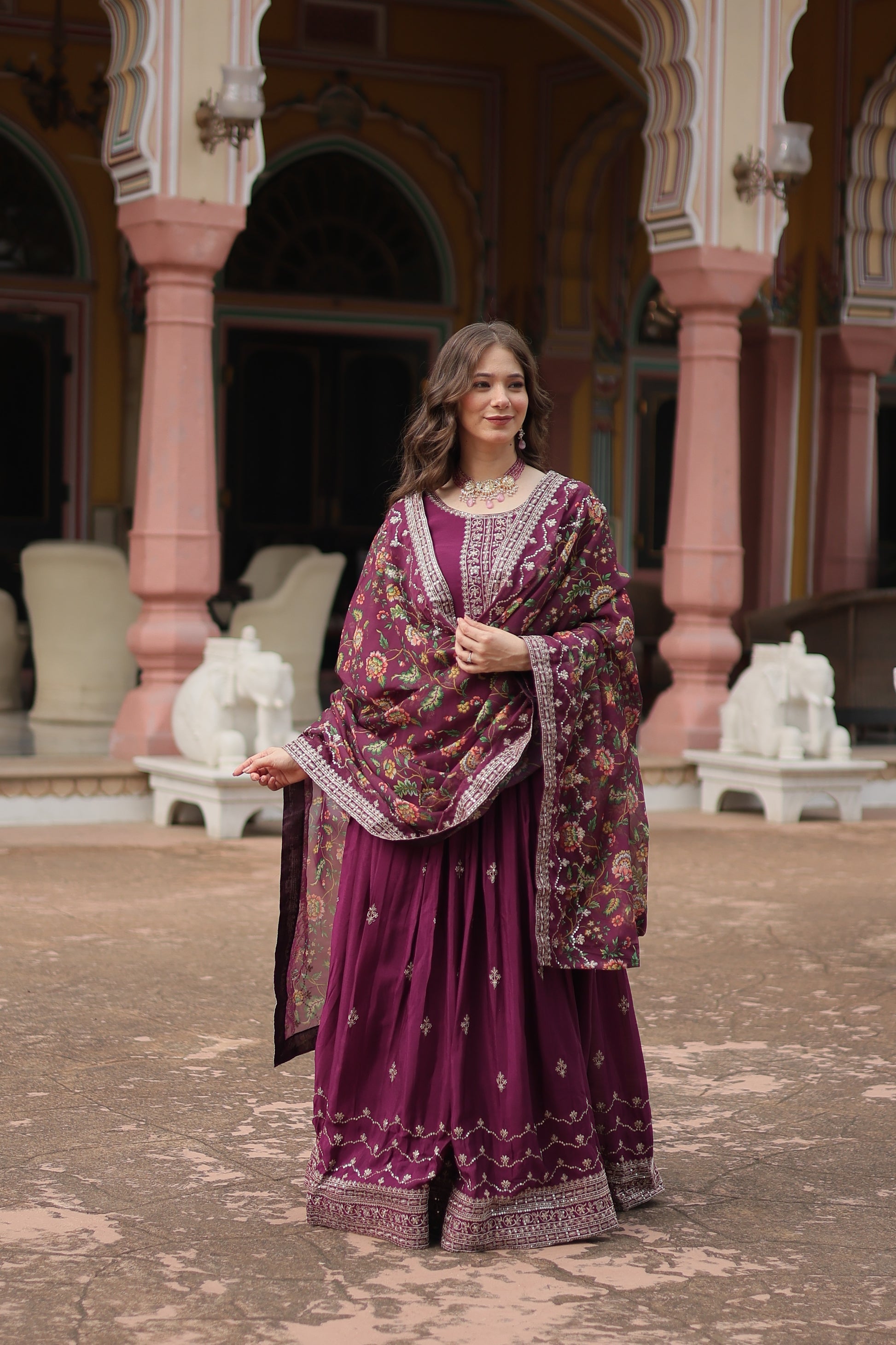 Gaurangi wine chinon embroidered Anarkali gown set