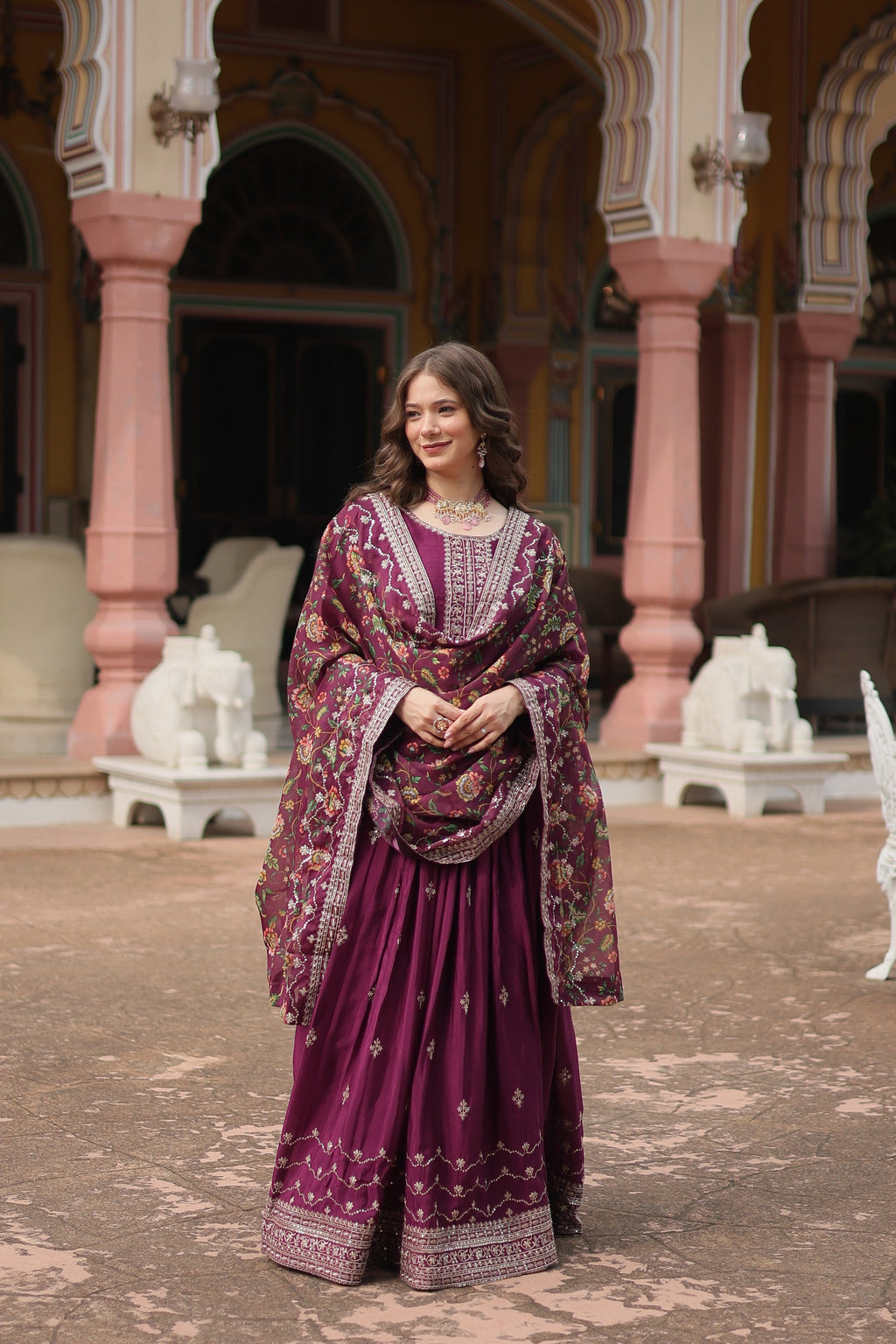 Gaurangi wine chinon embroidered Anarkali gown set