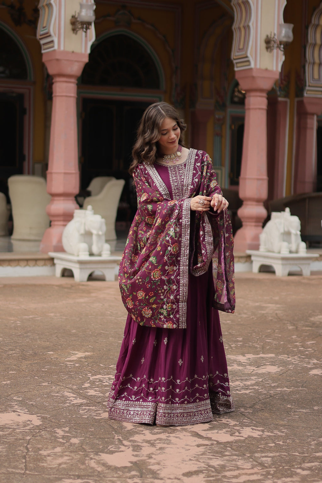 Gaurangi wine chinon embroidered Anarkali gown set