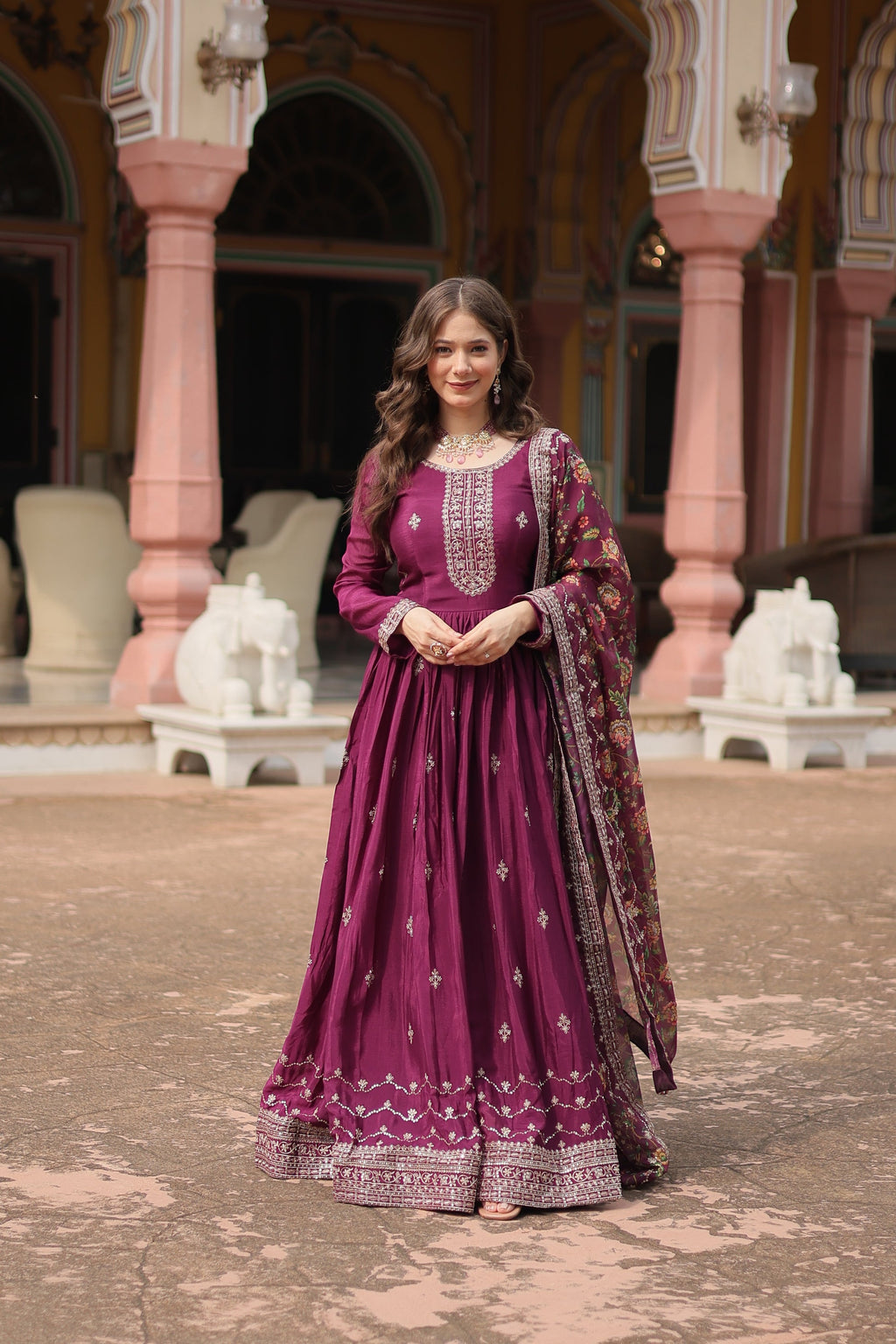 Gaurangi wine chinon embroidered Anarkali gown set