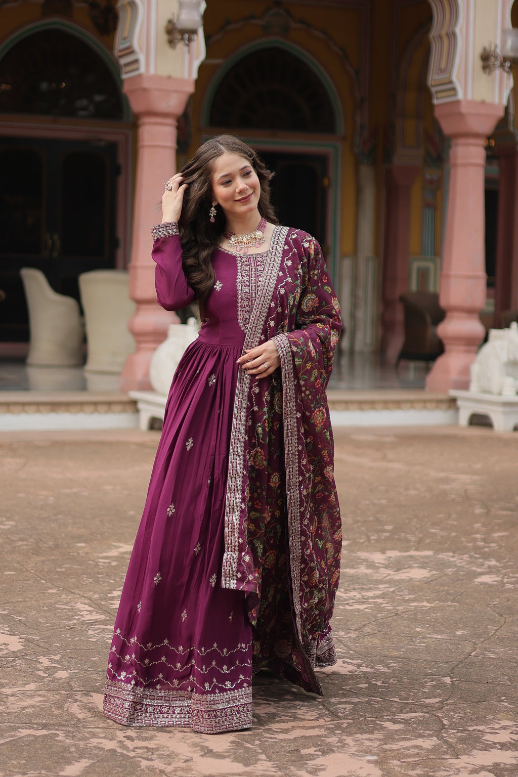 Gaurangi wine chinon embroidered Anarkali gown set