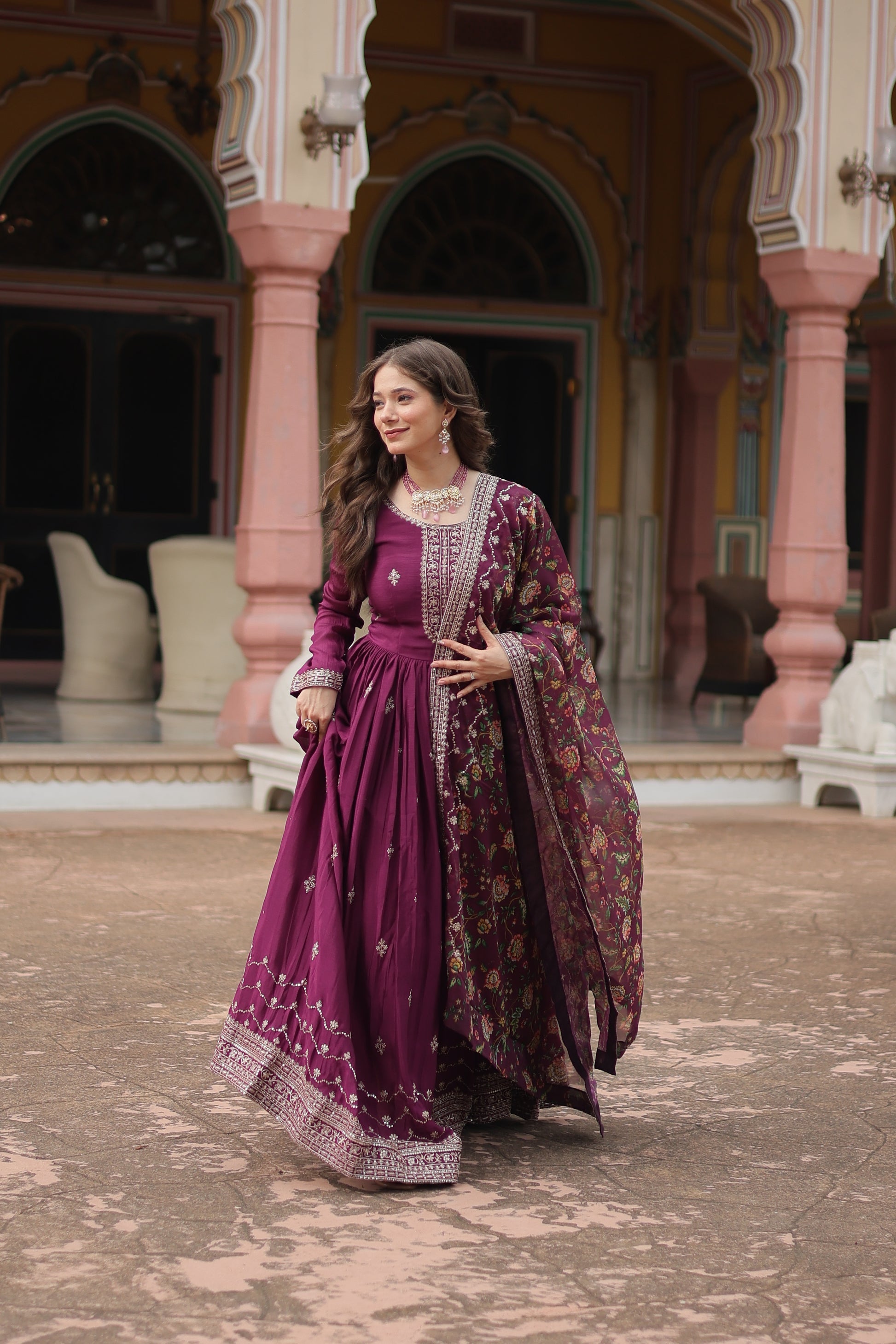 Gaurangi wine chinon embroidered Anarkali gown set