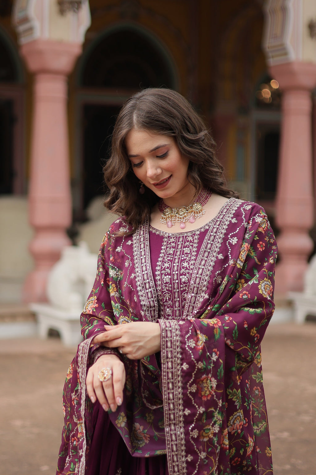 Gaurangi wine chinon embroidered Anarkali gown set
