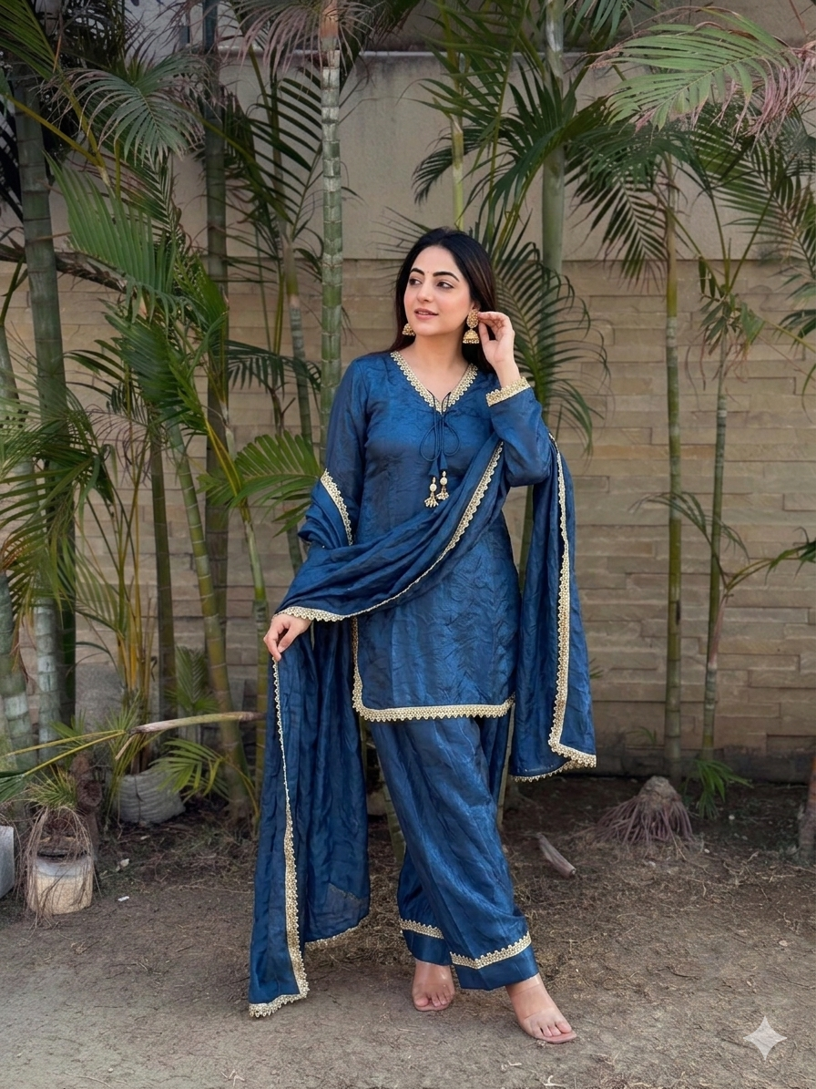 PREMIUM FENDY SILK SHARARA SUIT WITH PEARL MIRROR LACE WORK