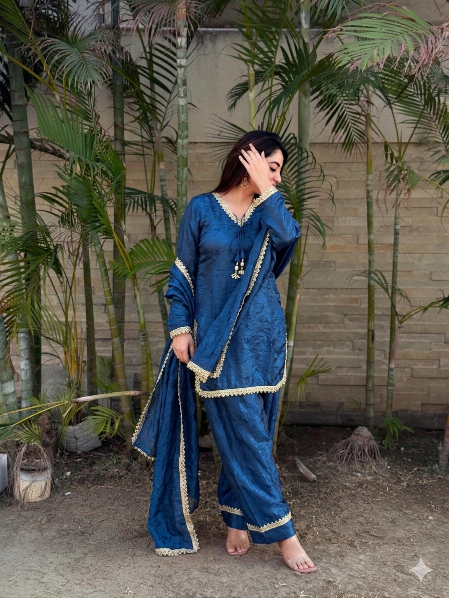 PREMIUM FENDY SILK SHARARA SUIT WITH PEARL MIRROR LACE WORK