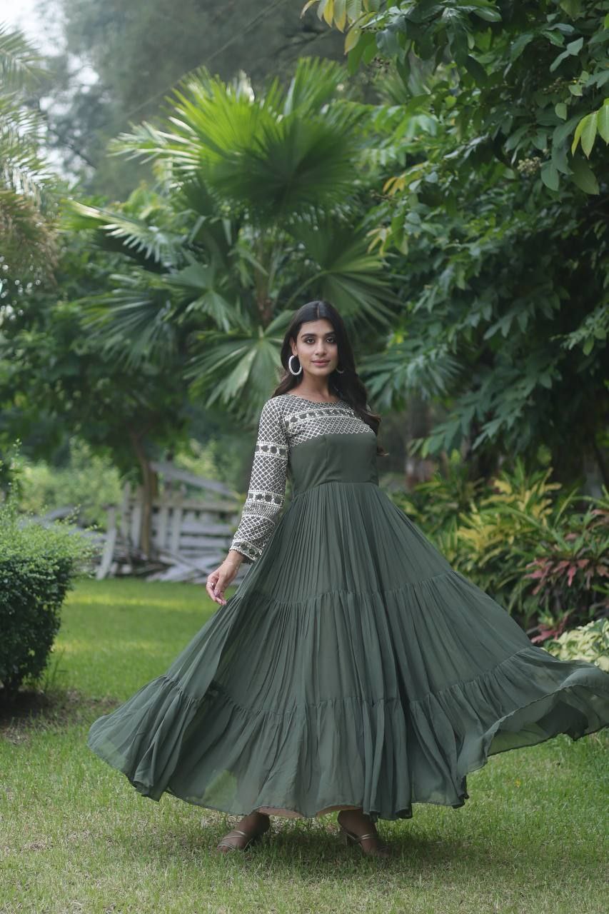 Gilded elegance zari thread sequin mehendi colored designer gown