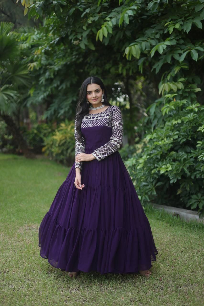 Gilded elegance zari thread sequin wine colored designer gown