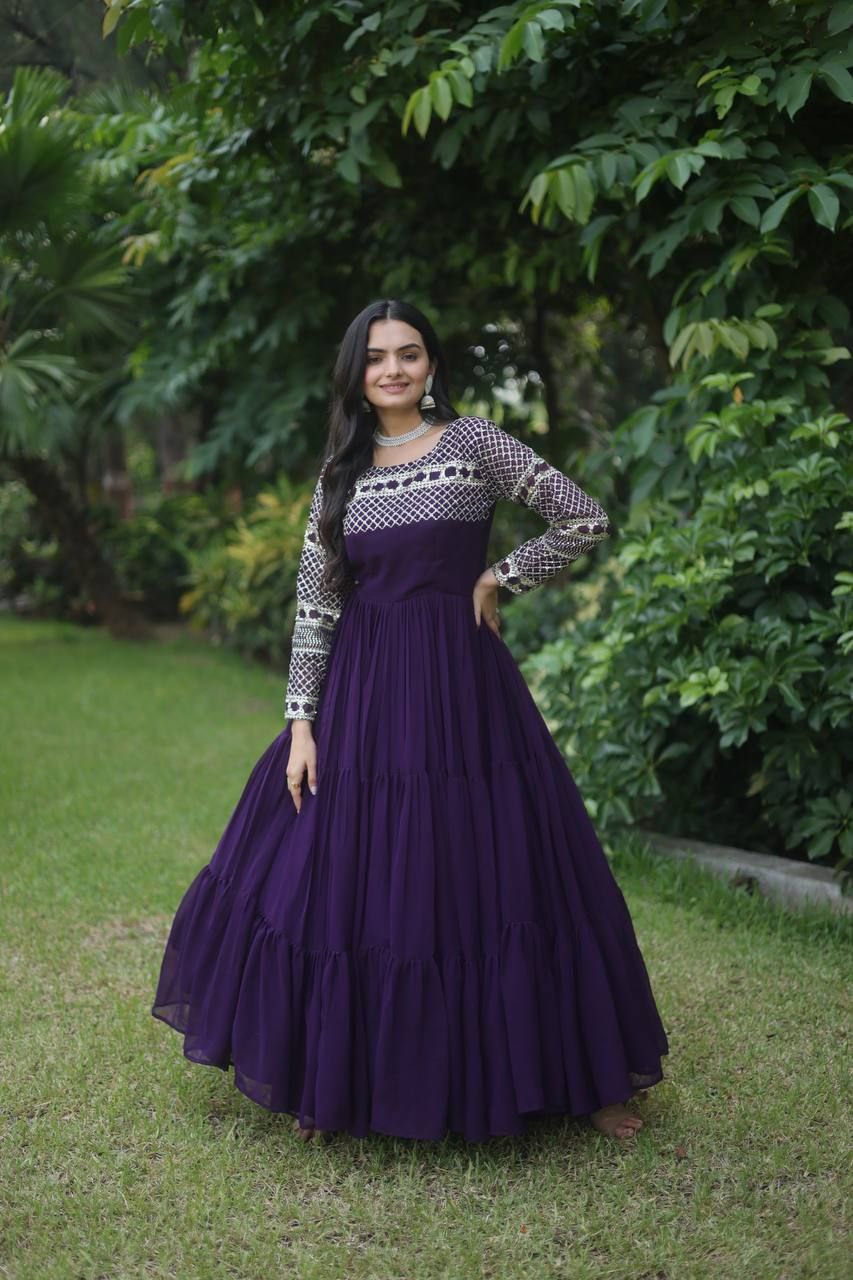 Gilded elegance zari thread sequin wine colored designer gown