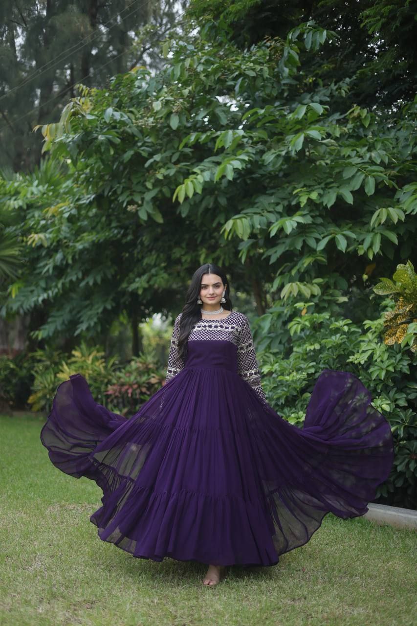 Gilded elegance zari thread sequin wine colored designer gown