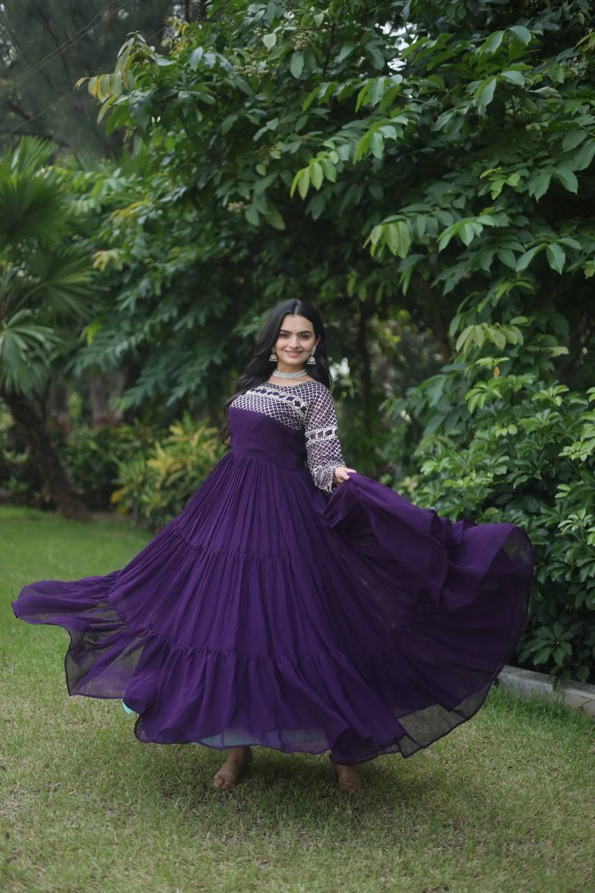 Gilded elegance zari thread sequin wine colored designer gown