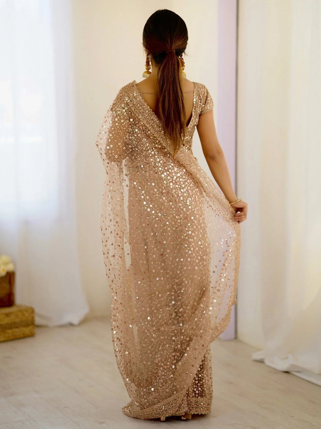 Golden Net Sequins Work Saree With Blouse