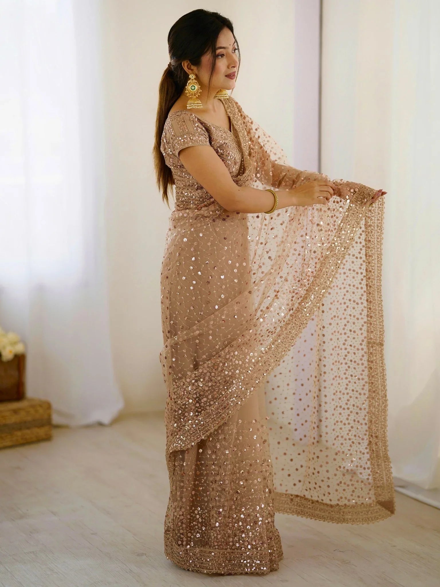 Golden Net Sequins Work Saree With Blouse