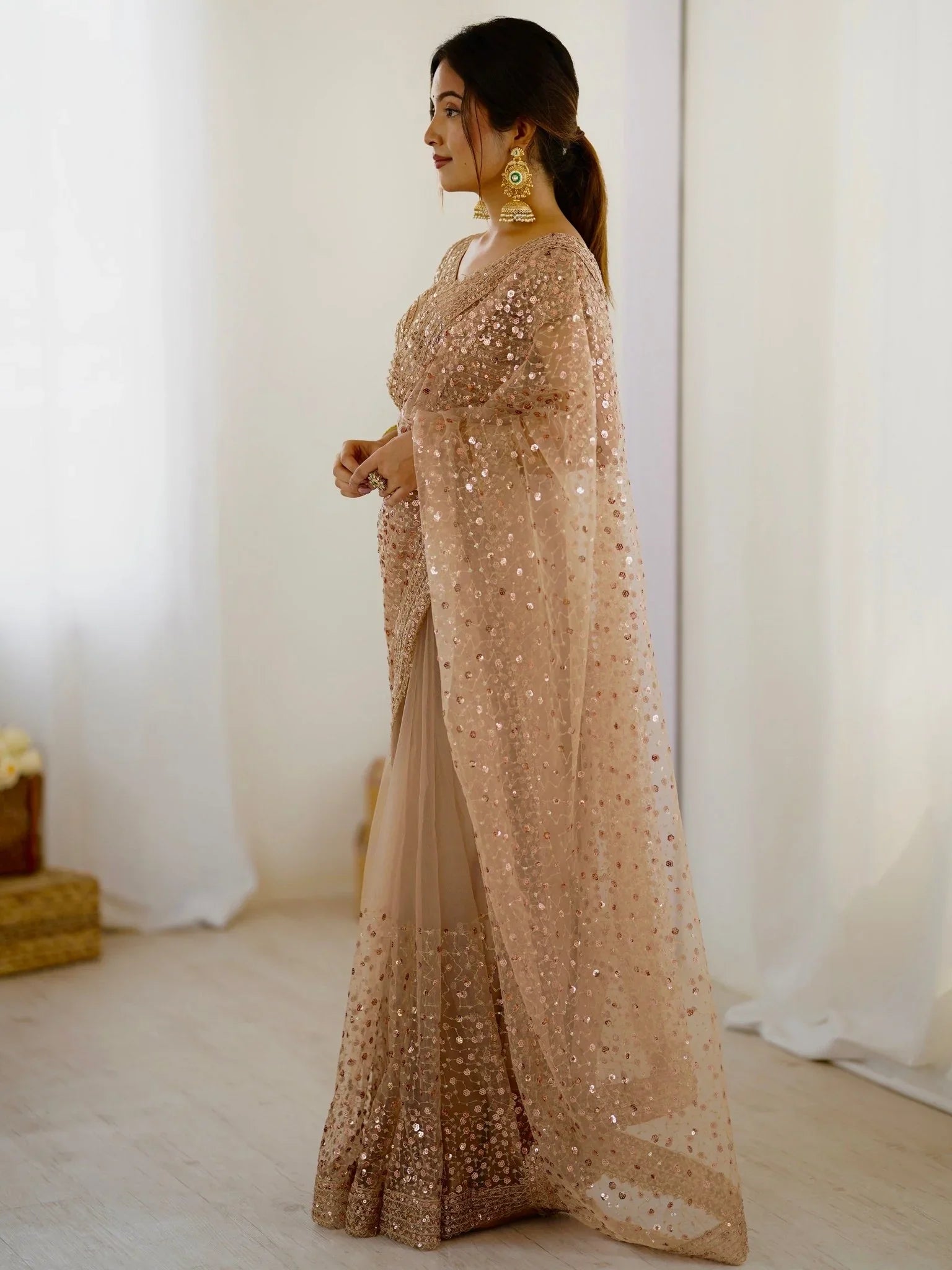 Golden Net Sequins Work Saree With Blouse