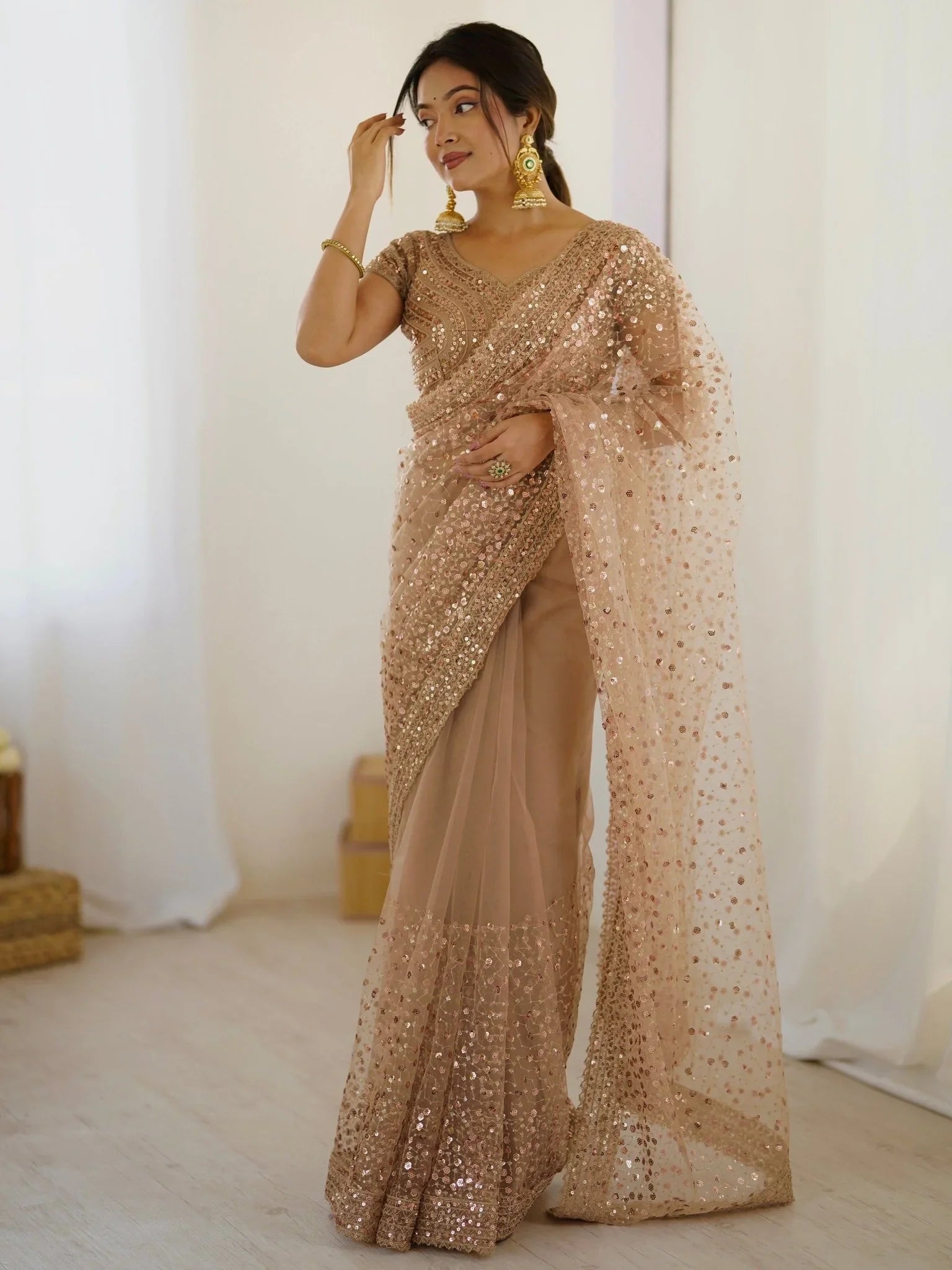 Golden Net Sequins Work Saree With Blouse