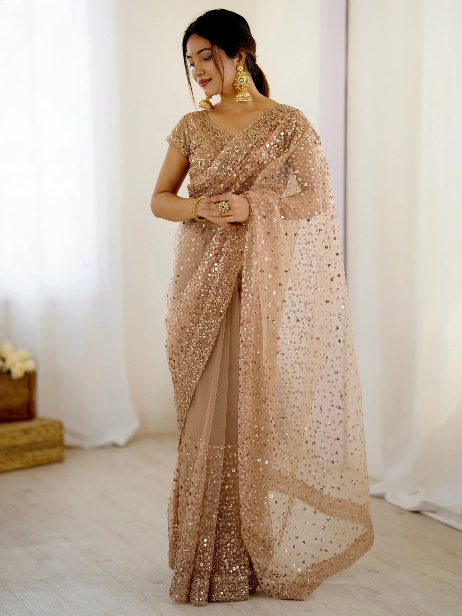 Golden Net Sequins Work Saree With Blouse