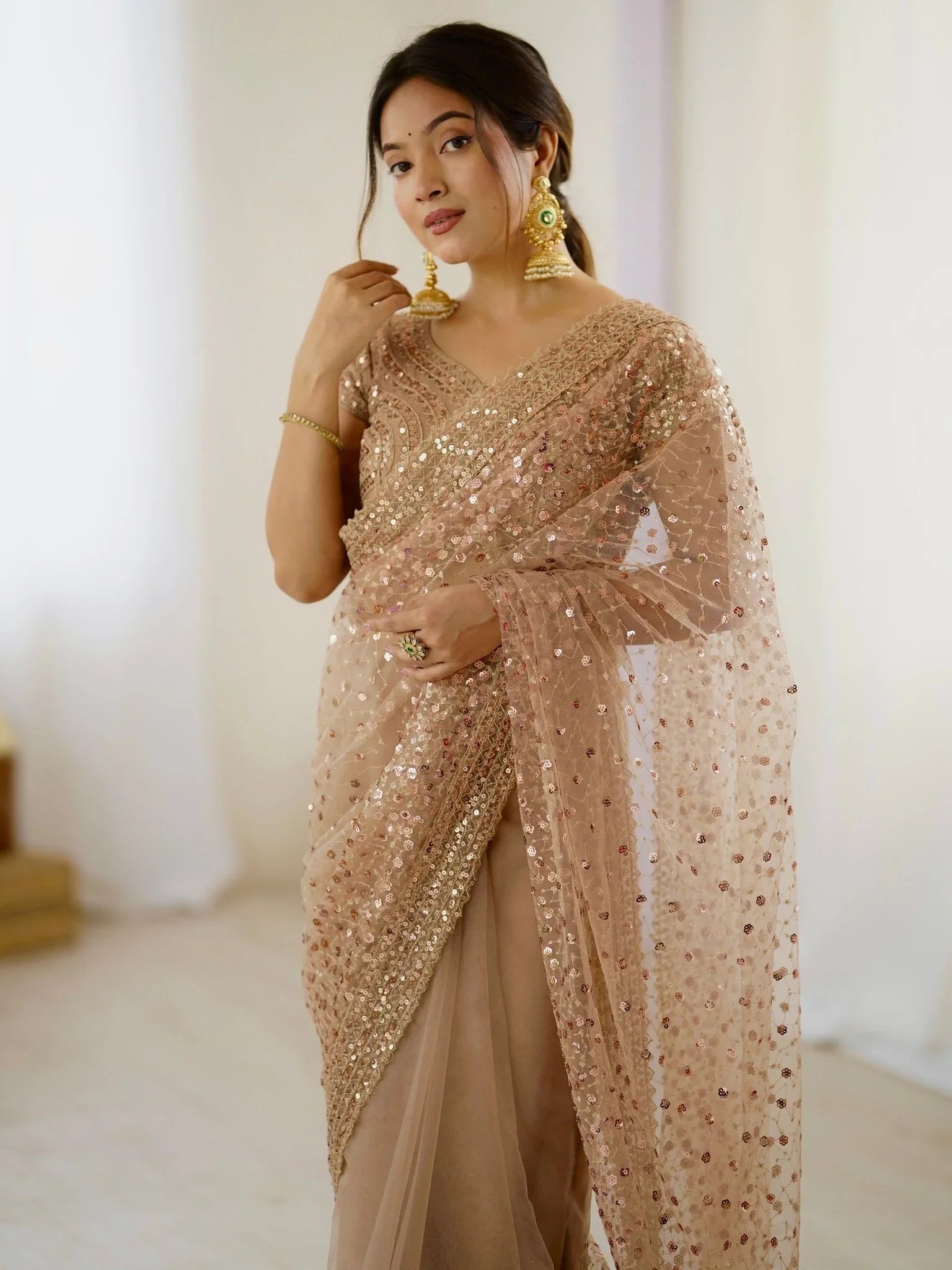 Golden Net Sequins Work Saree With Blouse