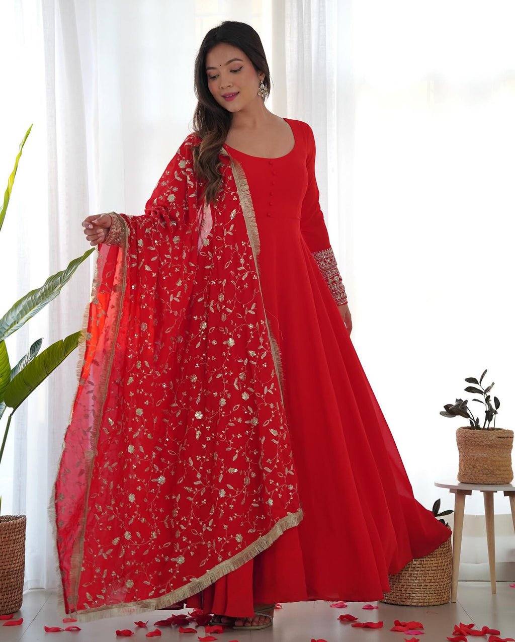Gorgeous red sequins anarkali flared kurti ensemble