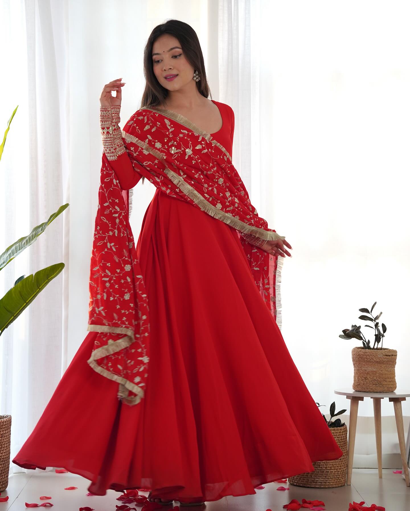 Gorgeous red sequins anarkali flared kurti ensemble