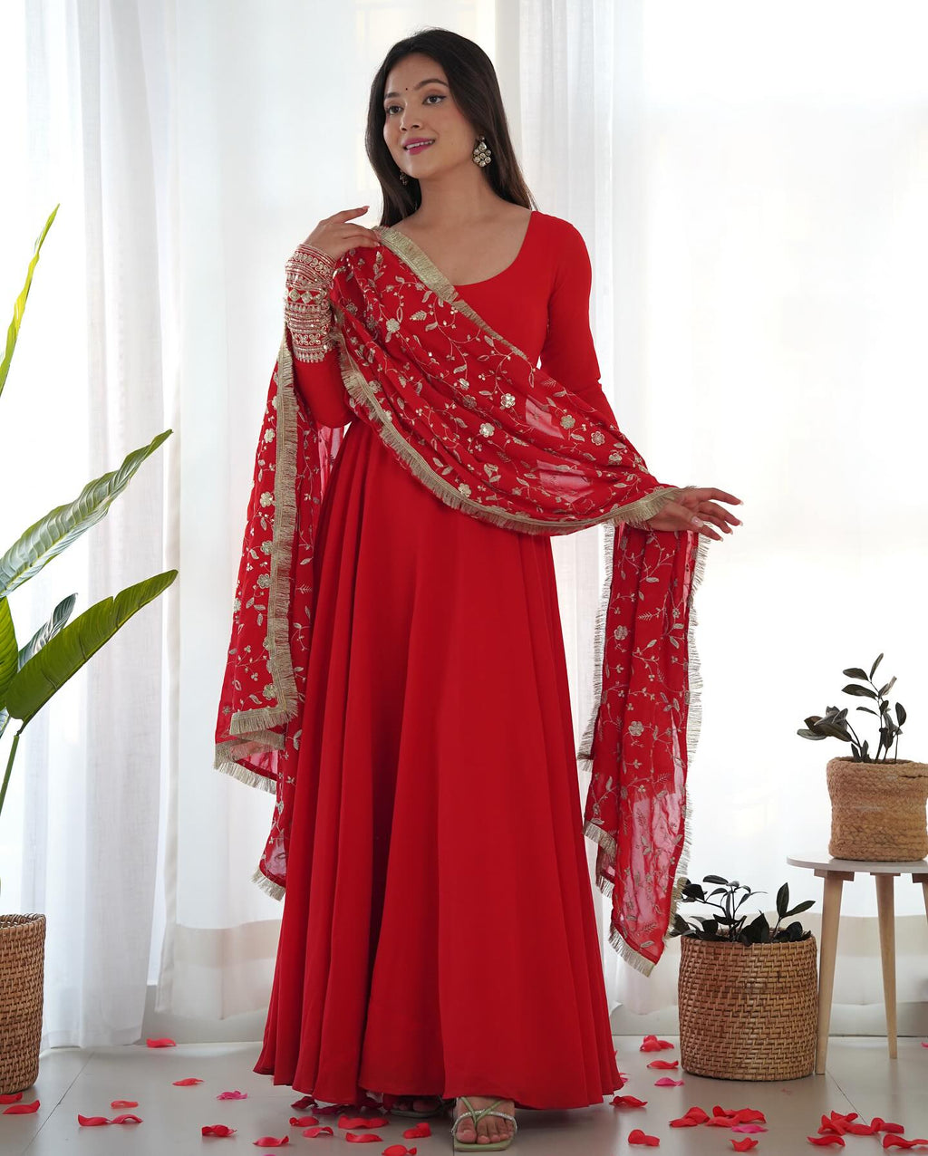Gorgeous red sequins anarkali flared kurti ensemble