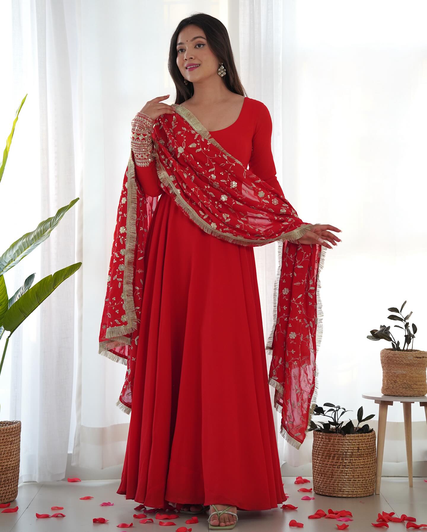 Gorgeous red sequins anarkali flared kurti ensemble
