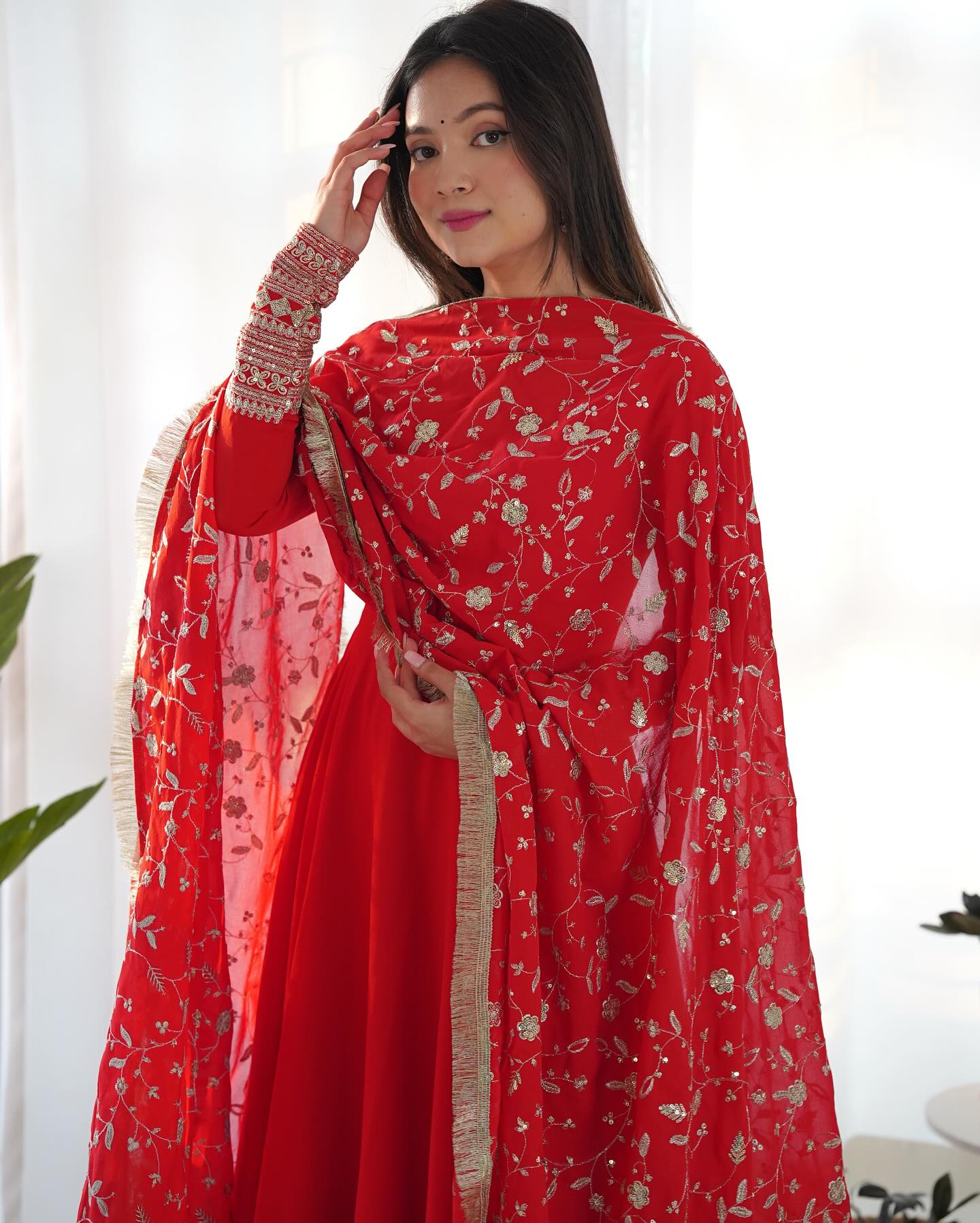 Gorgeous red sequins anarkali flared kurti ensemble