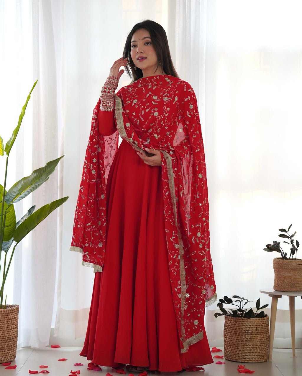 Gorgeous red sequins anarkali flared kurti ensemble