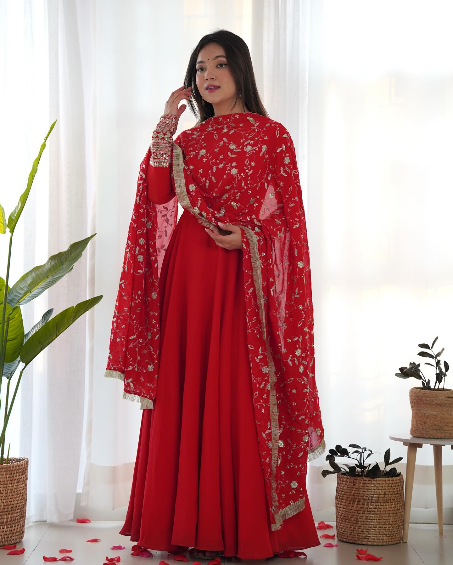 Gorgeous red sequins anarkali flared kurti ensemble
