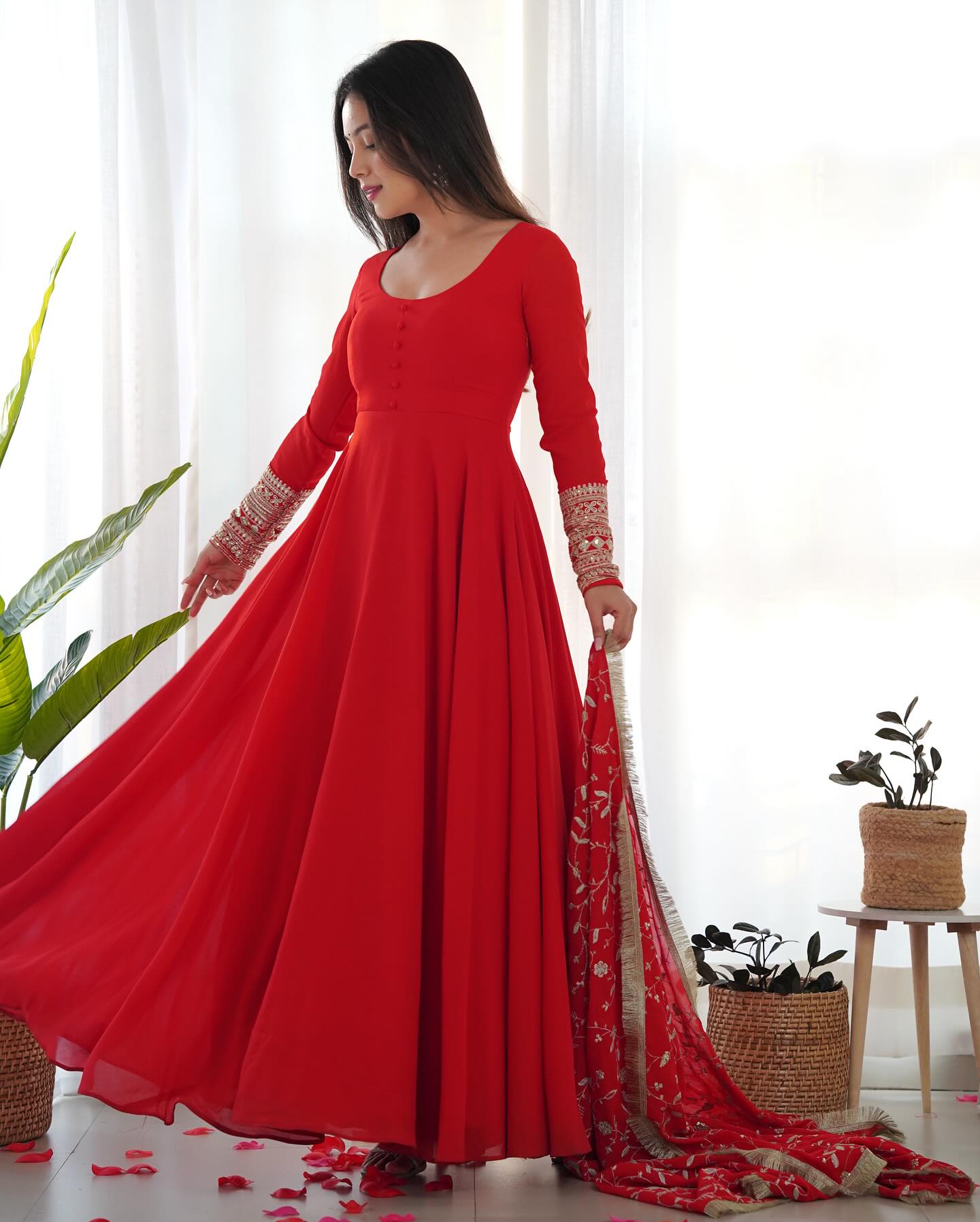 Gorgeous red sequins anarkali flared kurti ensemble