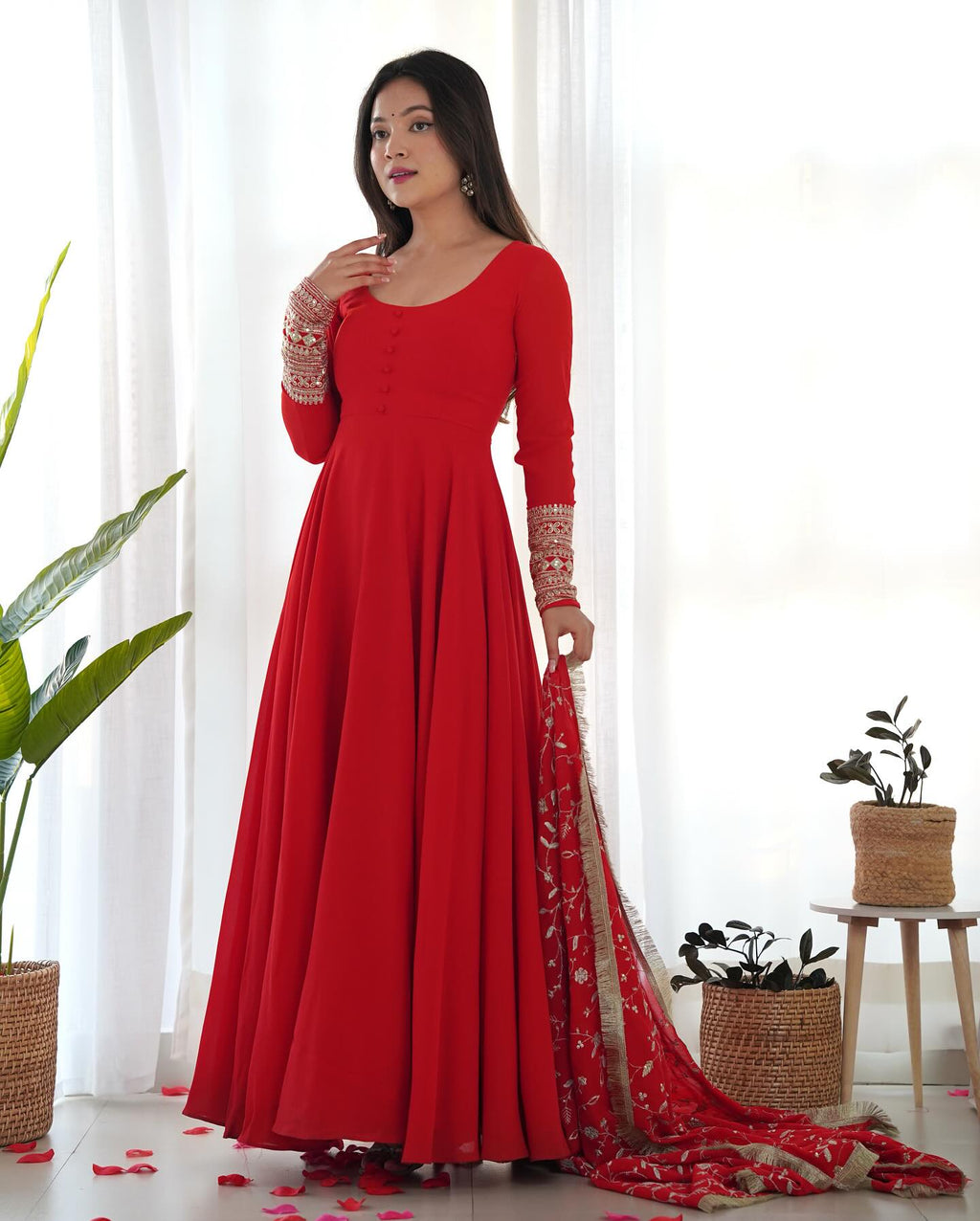 Gorgeous red sequins anarkali flared kurti ensemble