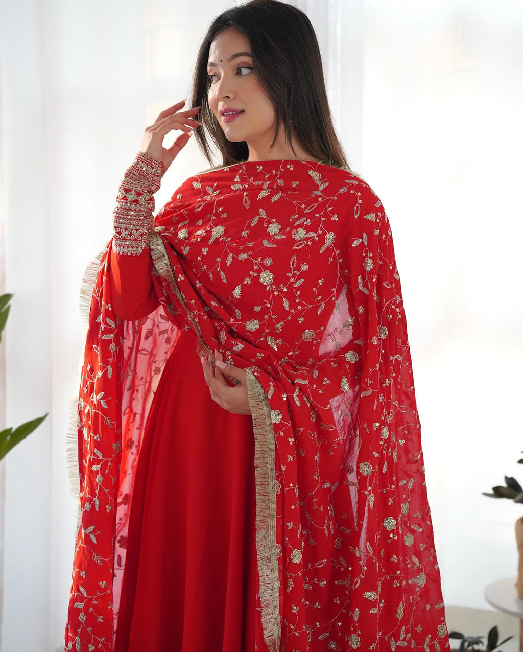 Gorgeous red sequins anarkali flared kurti ensemble