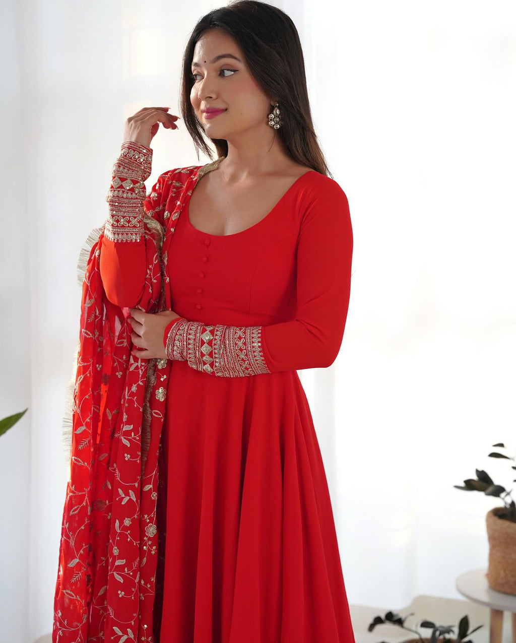 Gorgeous red sequins anarkali flared kurti ensemble